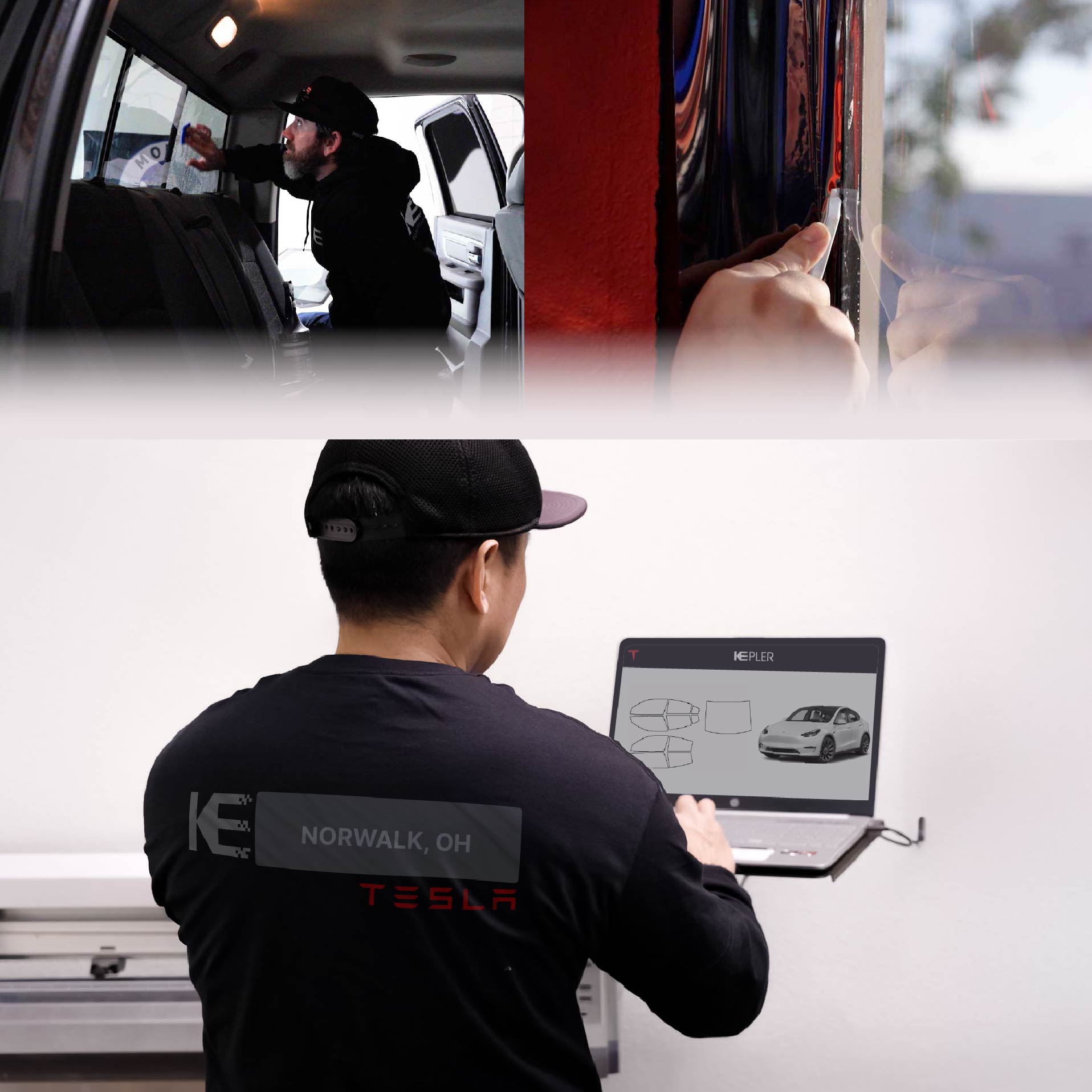 Kepler Technician Applying High-tech Window Tint to Tesla in Norwalk