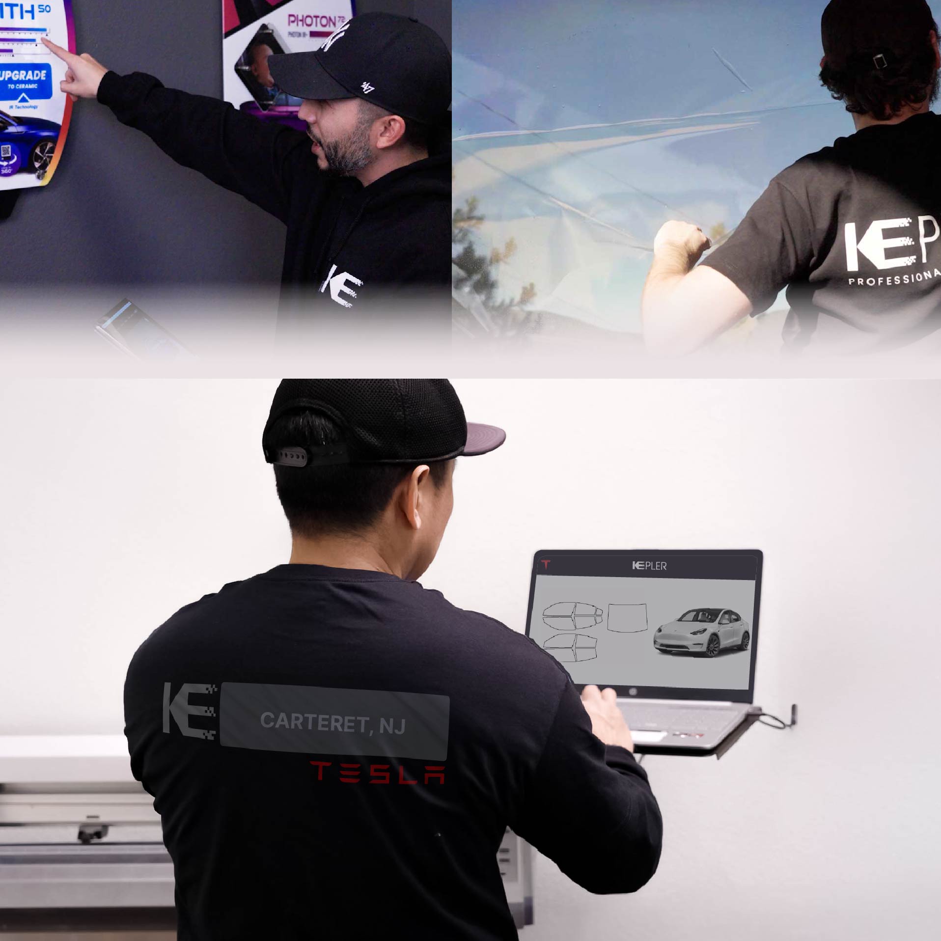 Expert Technician Applying Advanced Window Tint to Tesla in Carteret