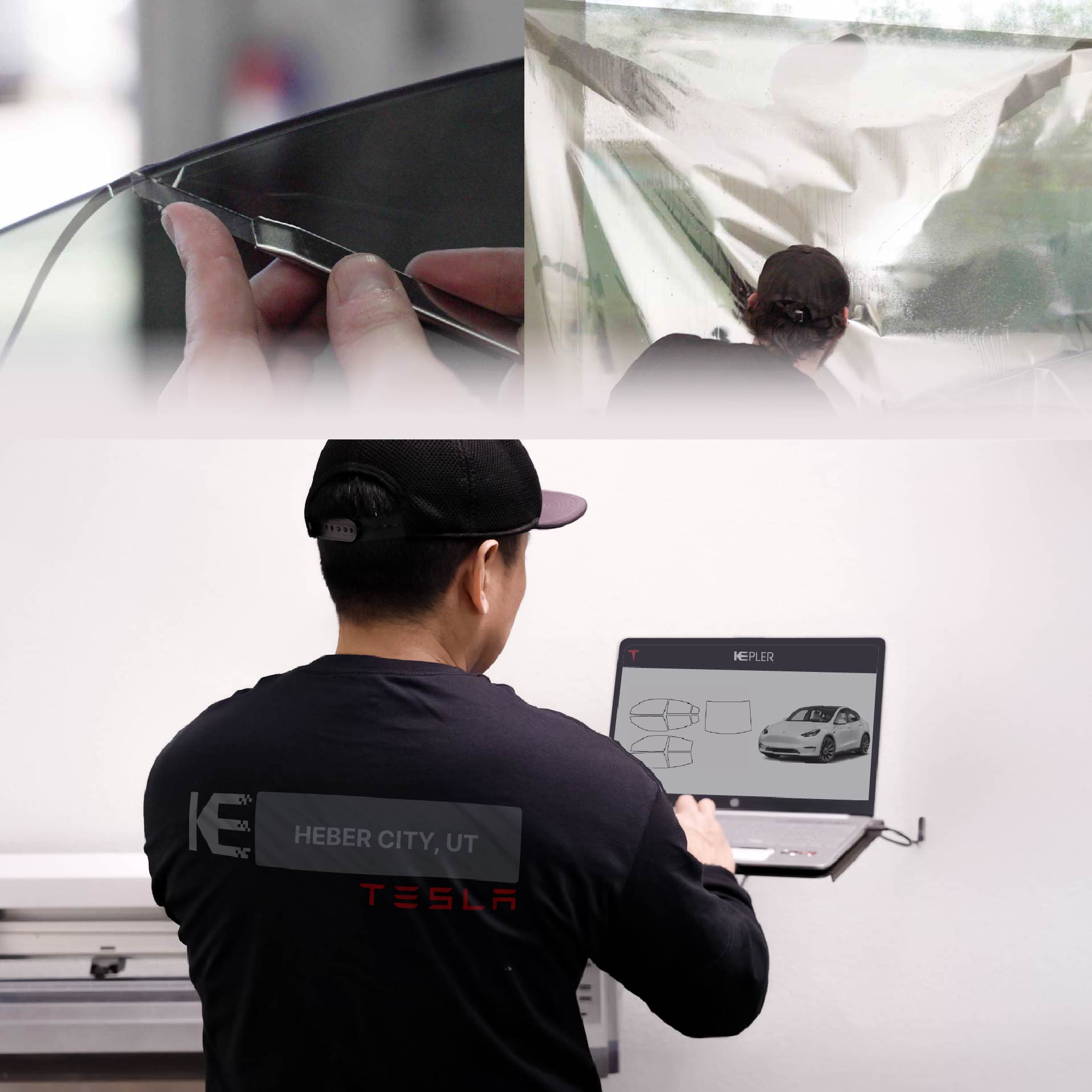 Expert Technician Installing Ceramic Window Tint to Tesla in Heber City