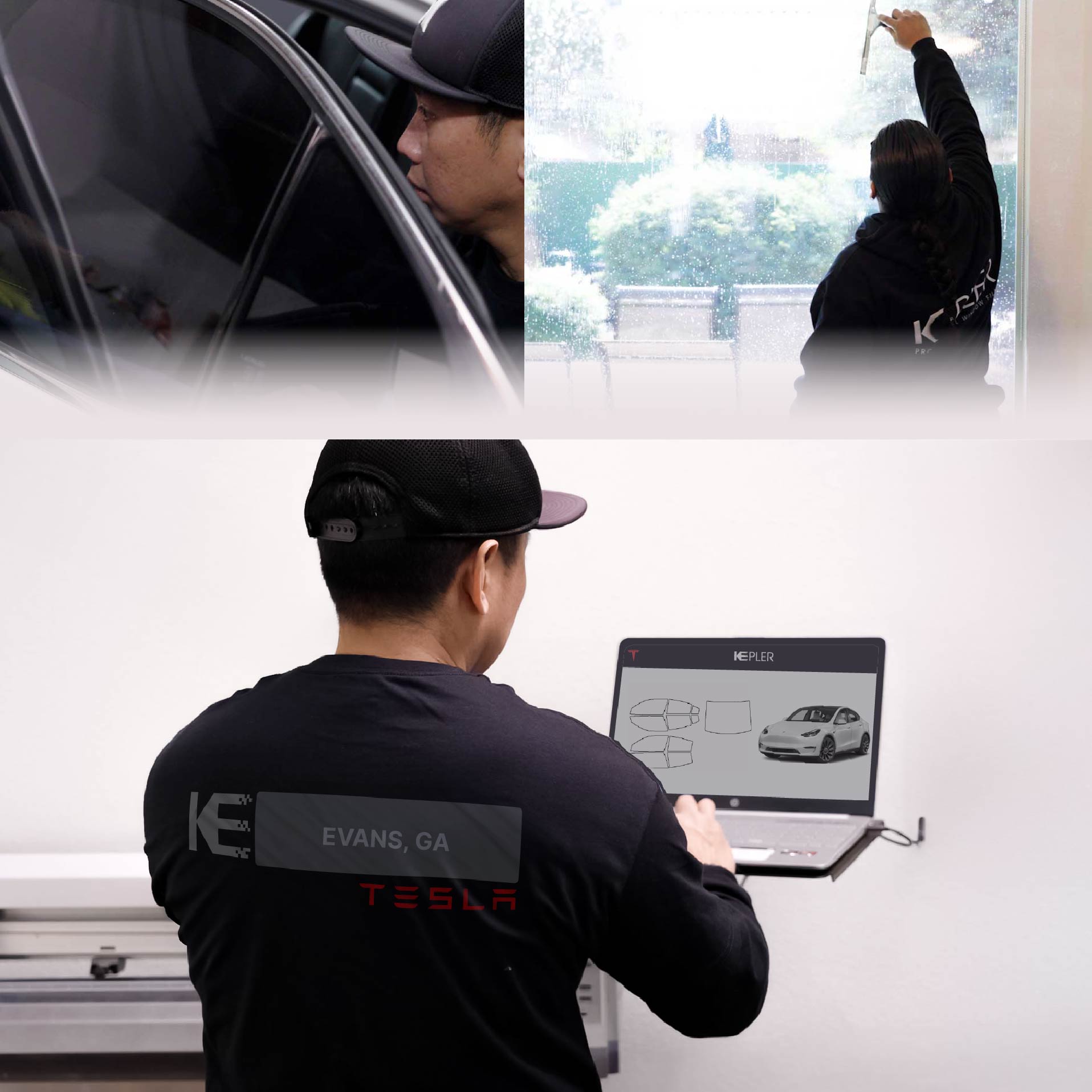 Expert Technician Fitting Advanced Window Tint to Tesla in Evans