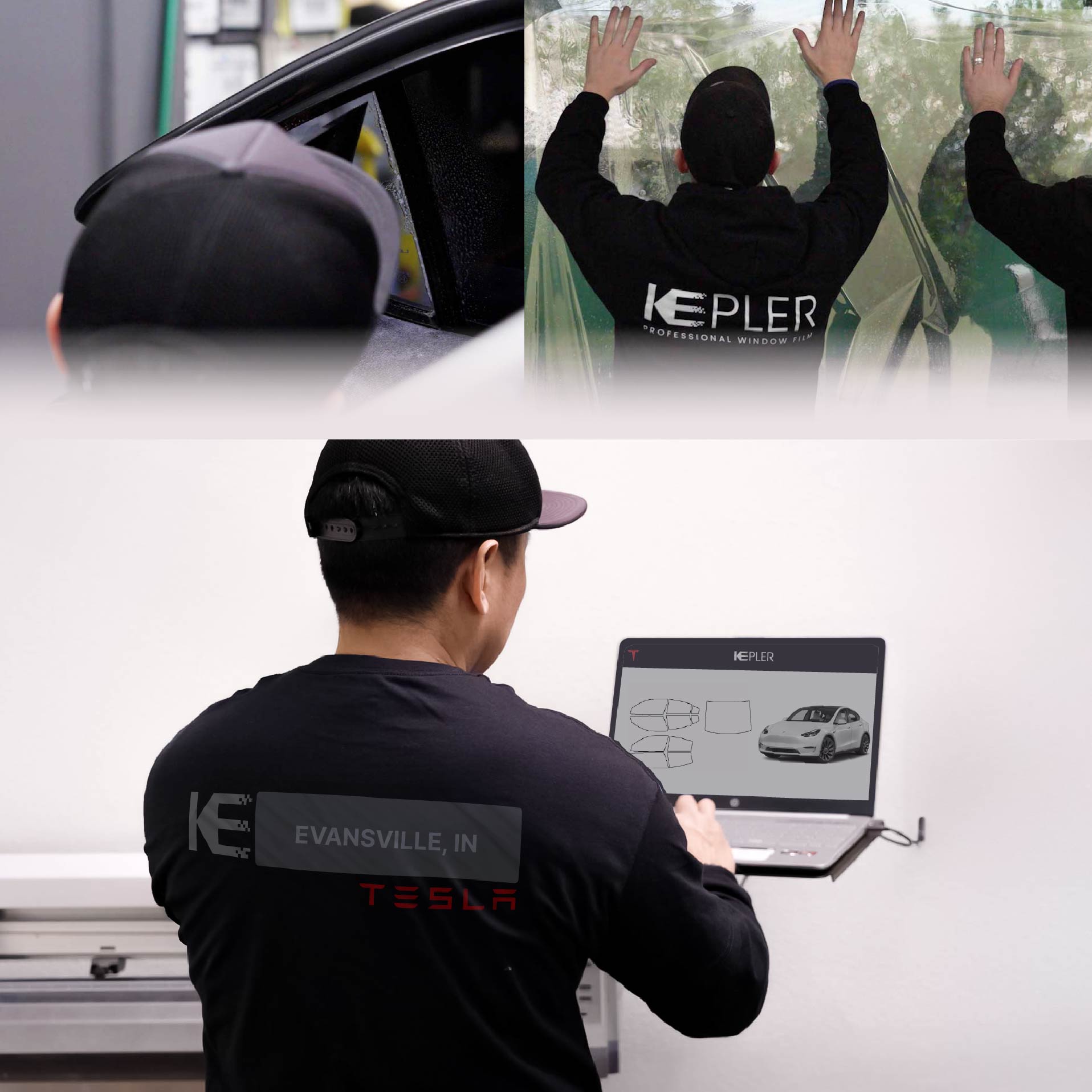 Expert Technician Fitting High-tech Window Tint to Tesla in Evansville