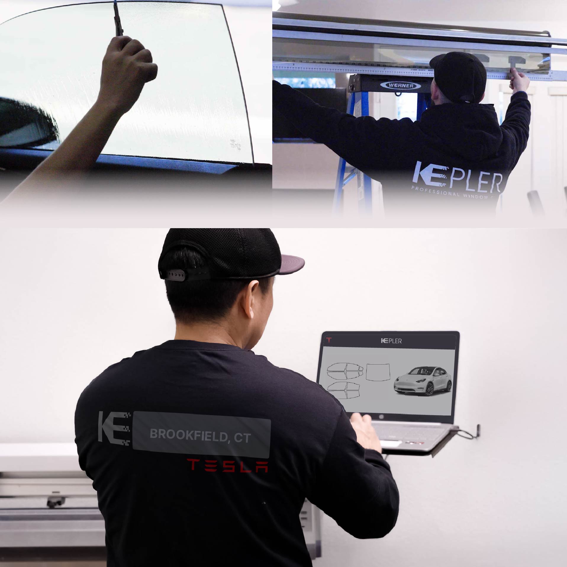 Expert Technician Applying Ceramic Window Tint to Tesla in Brookfield