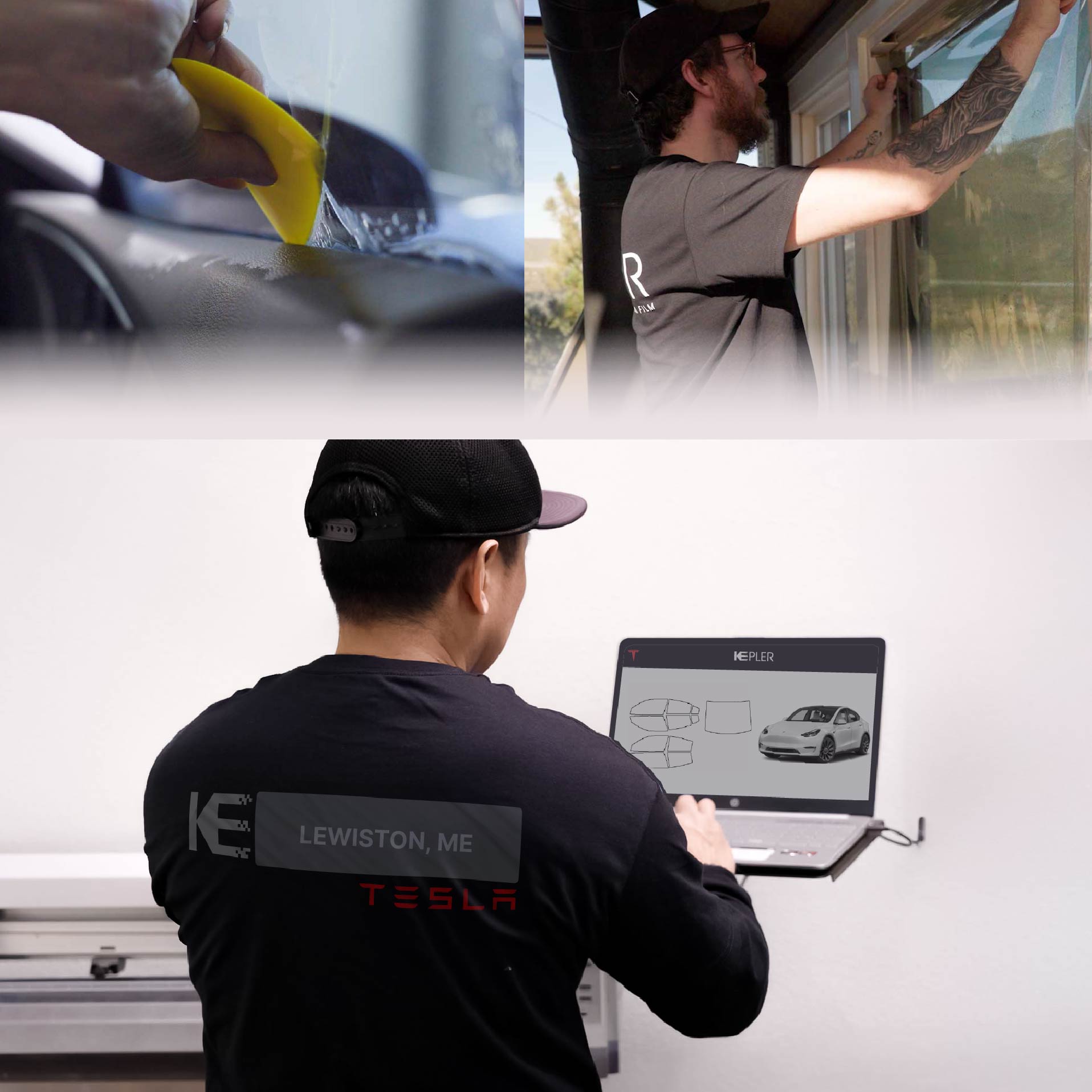 Expert Technician Applying High-tech Window Tint to Tesla in Lewiston