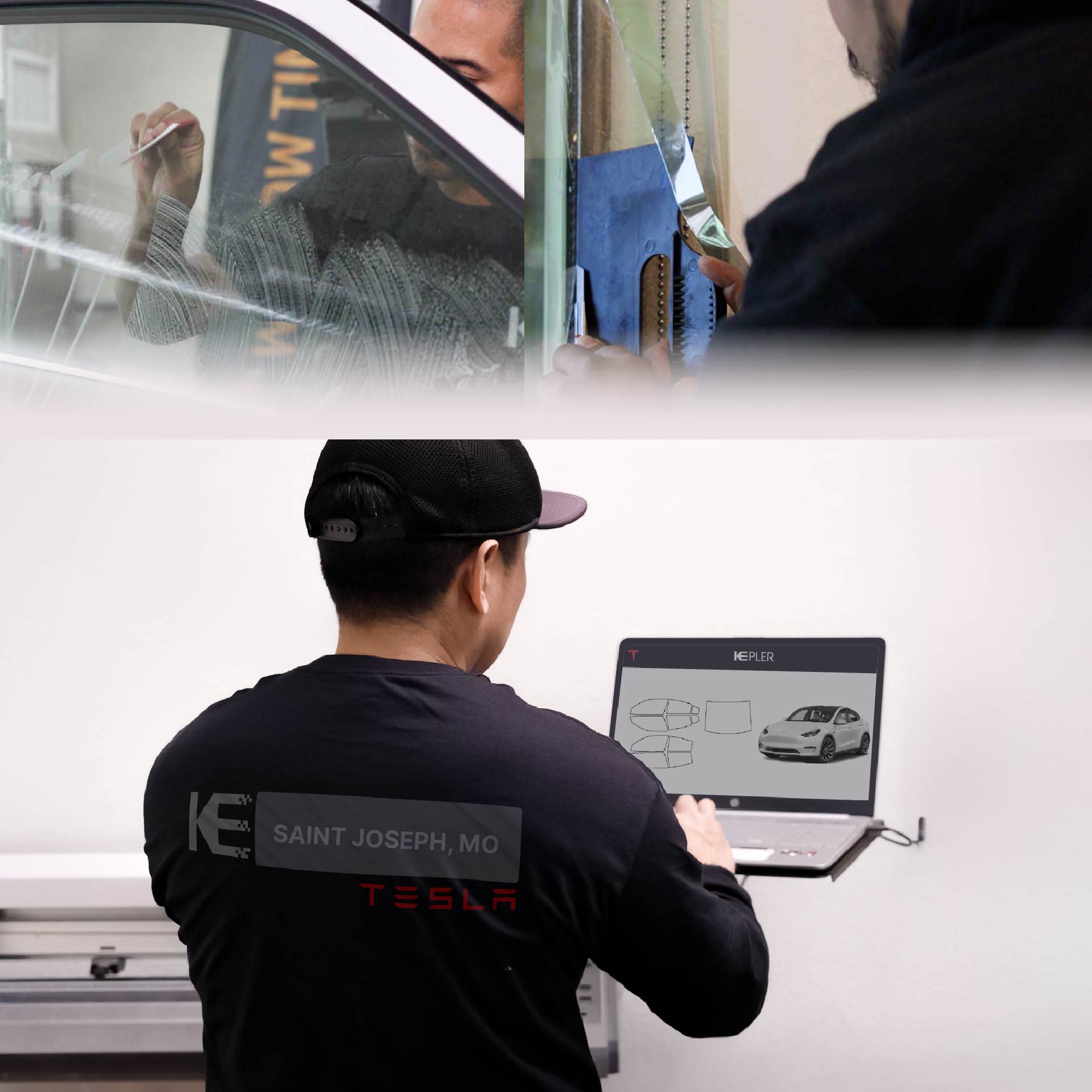 Kepler Technician Applying High-tech Window Tint to Tesla in Saint Joseph