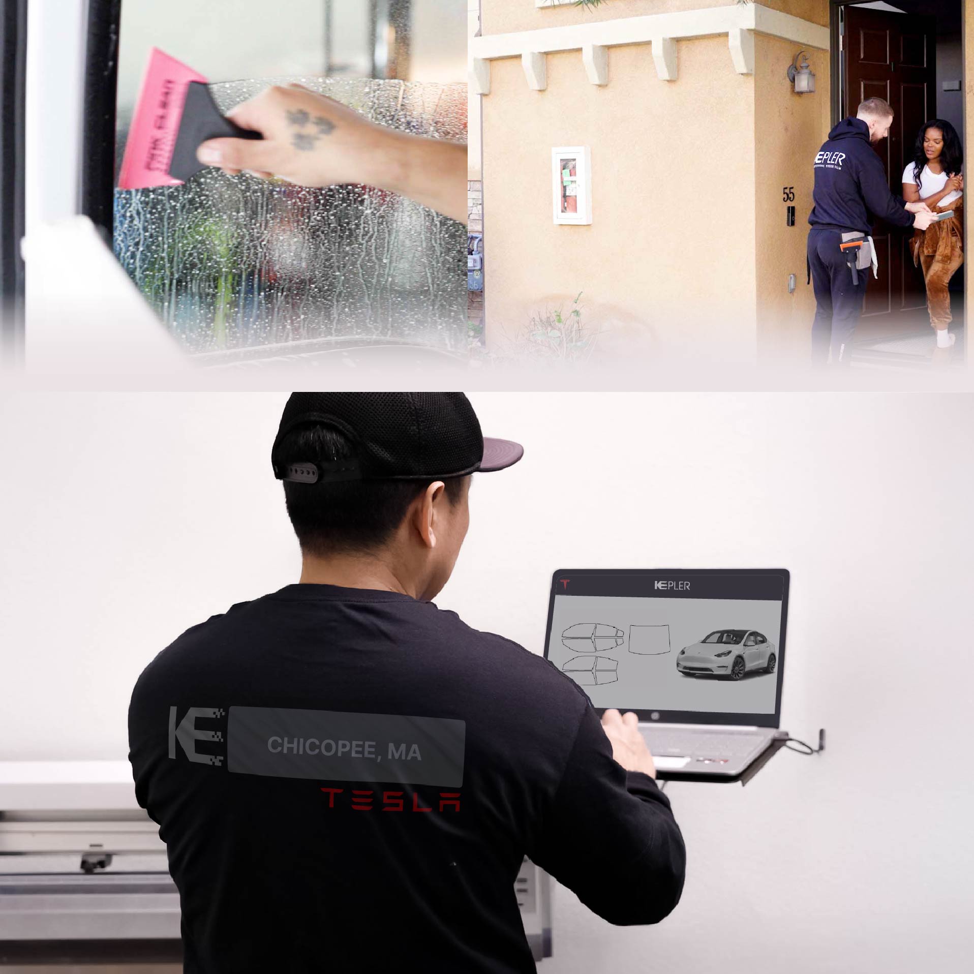 Expert Technician Installing High-tech Window Tint to Tesla in Chicopee