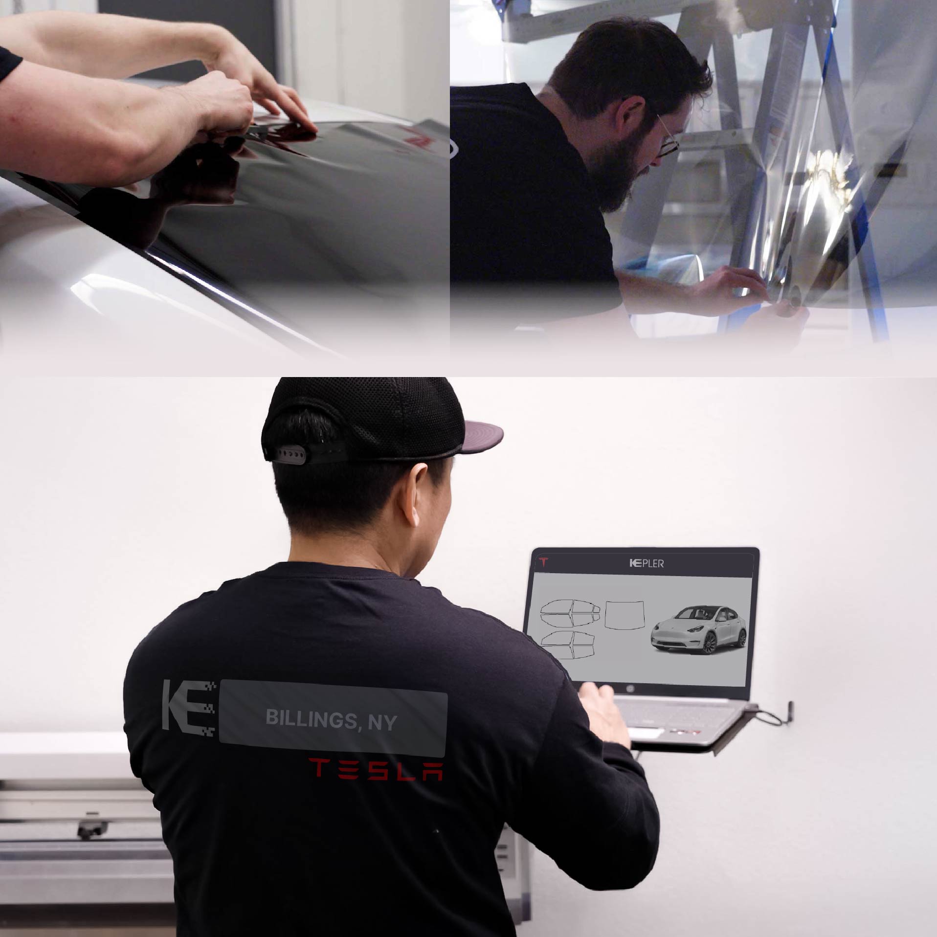Expert Technician Applying Ceramic Window Tint to Tesla in Billings