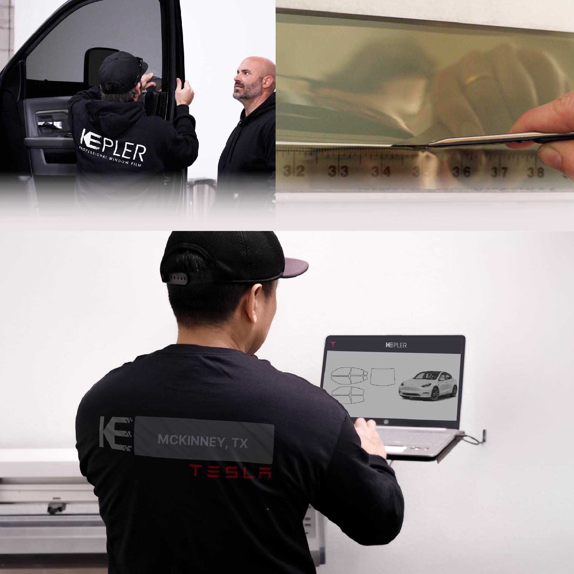 Expert Technician Installing Ceramic Window Tint to Tesla in McKinney