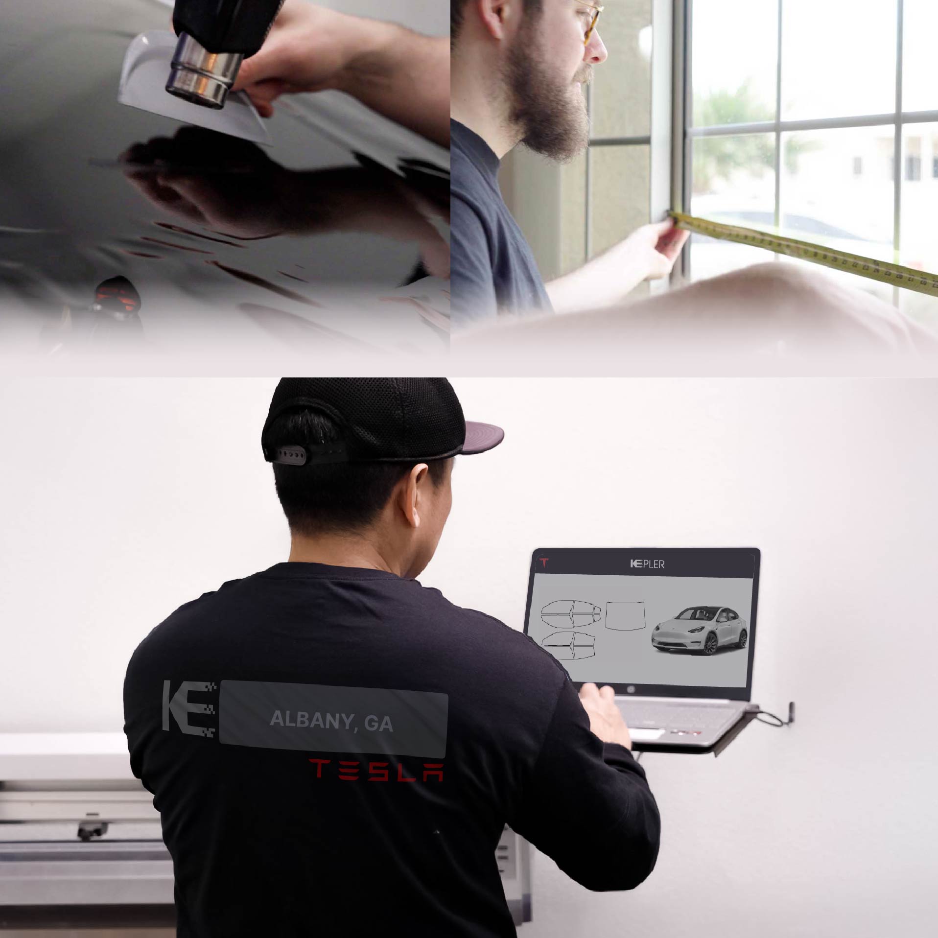 Kepler Technician Installing Ceramic Window Tint to Tesla in Albany