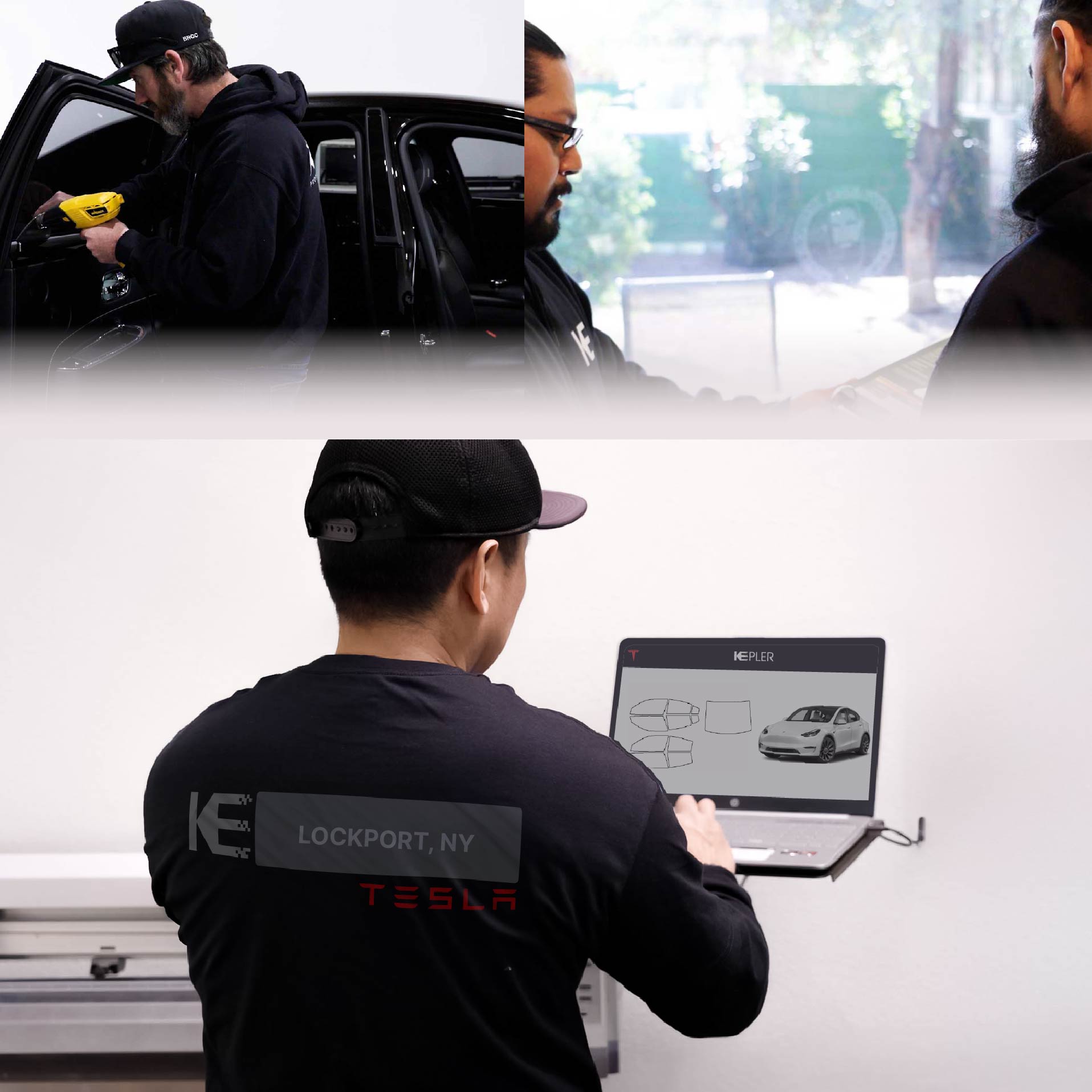 Expert Technician Applying Advanced Window Tint to Tesla in Lockport