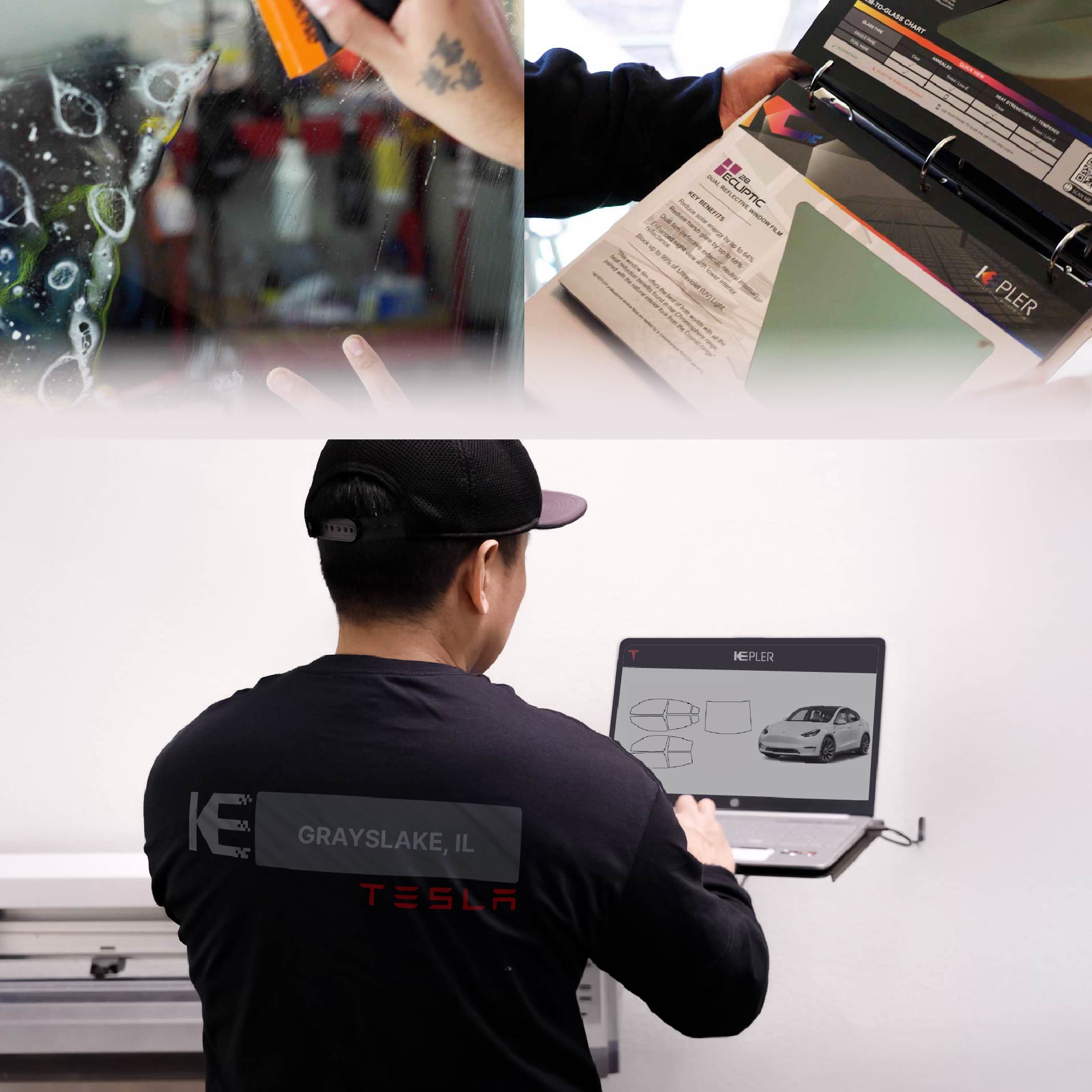 Kepler Technician Installing High-tech Window Tint to Tesla in Grayslake