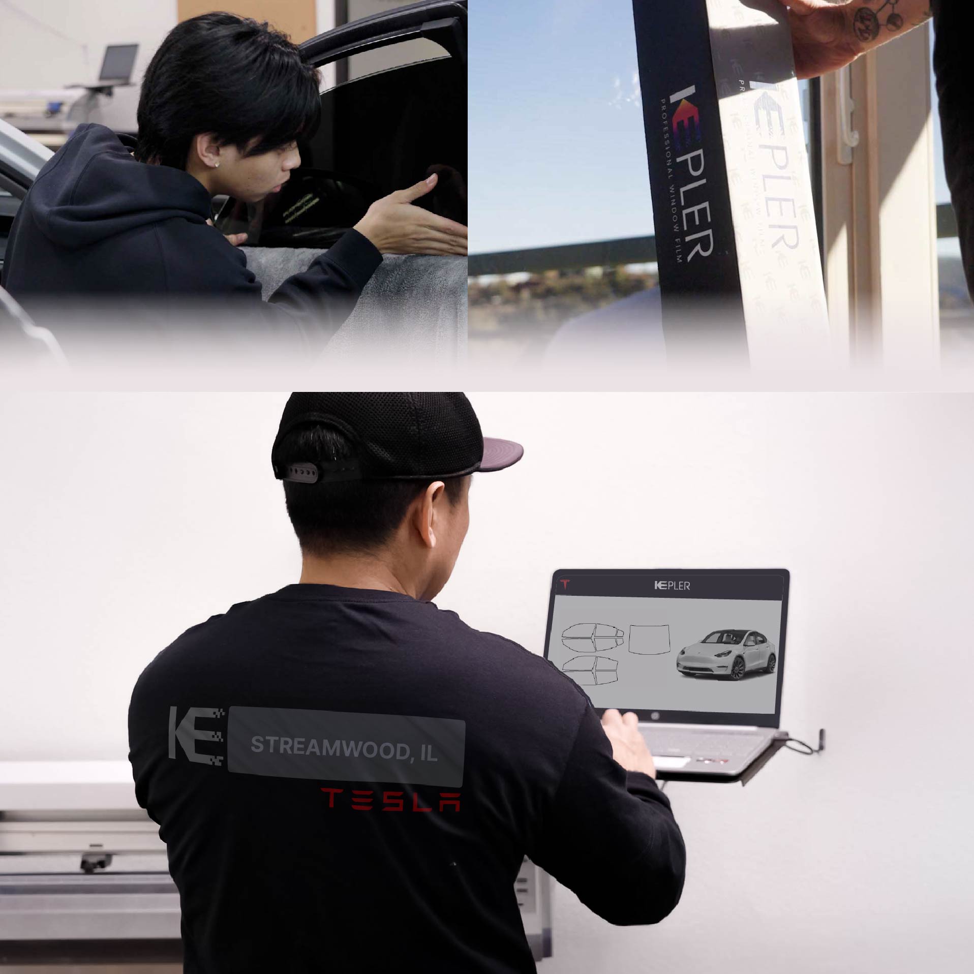 Expert Technician Fitting Advanced Window Tint to Tesla in Streamwood