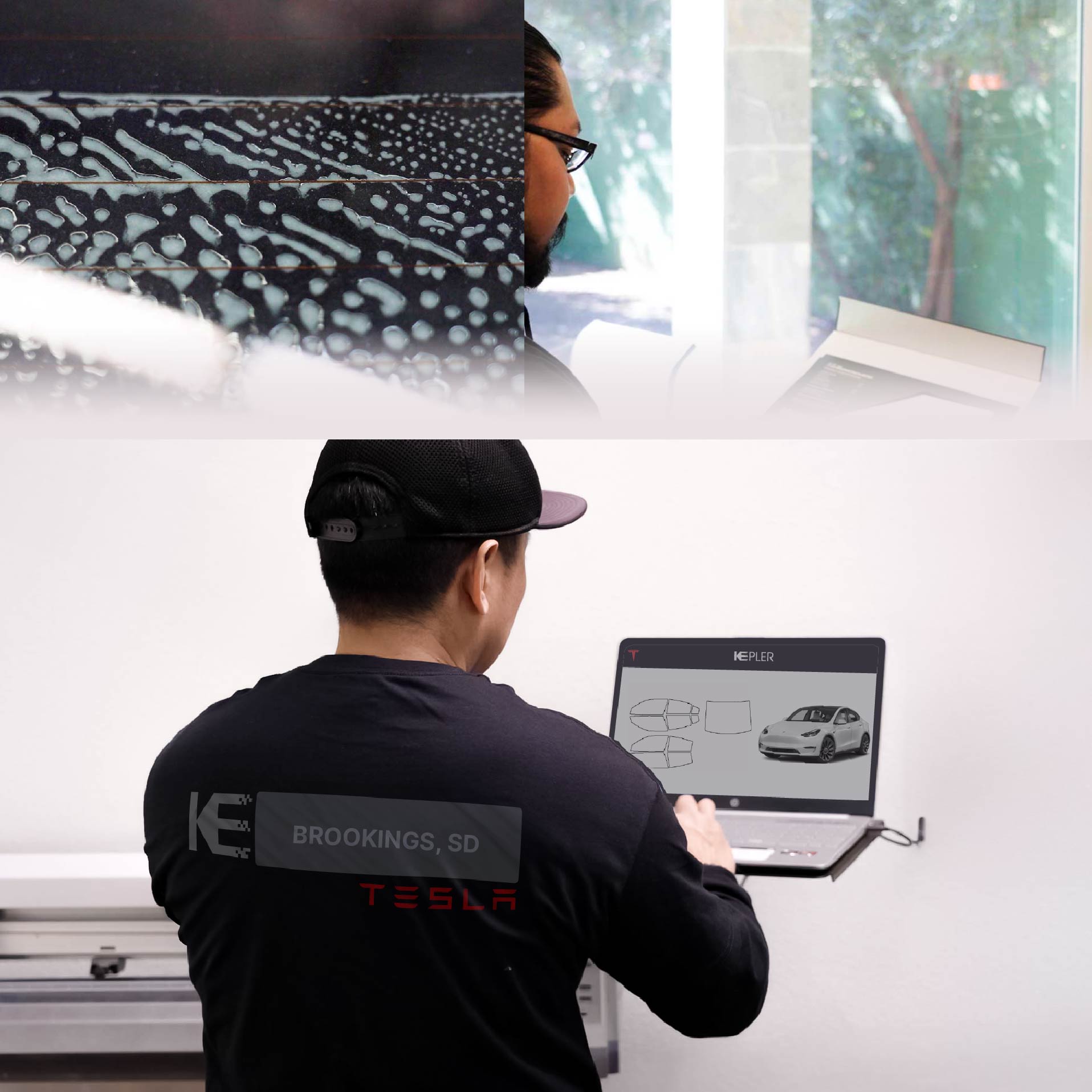 Expert Technician Fitting Advanced Window Tint to Tesla in Brookings