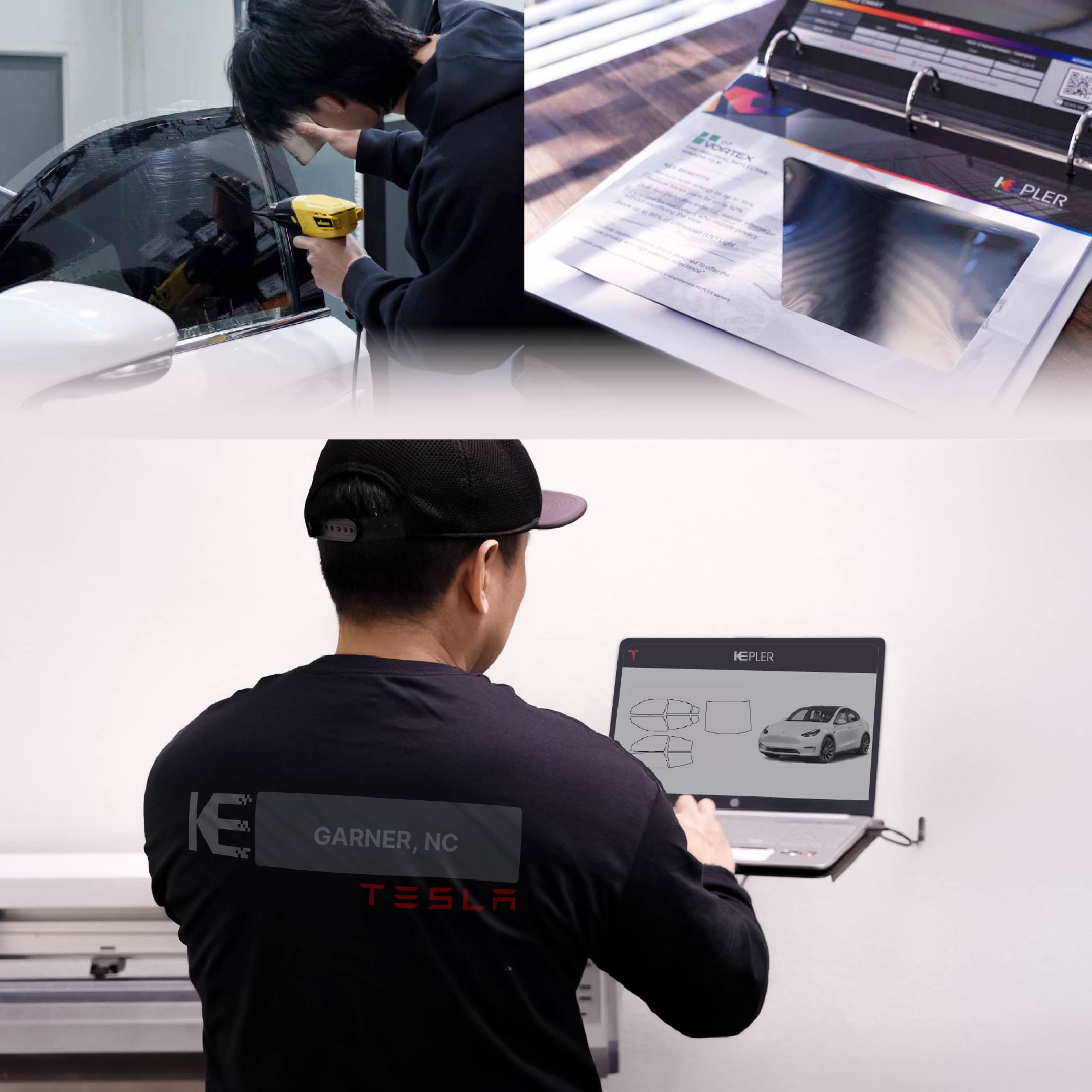 Expert Technician Installing Advanced Window Tint to Tesla in Garner