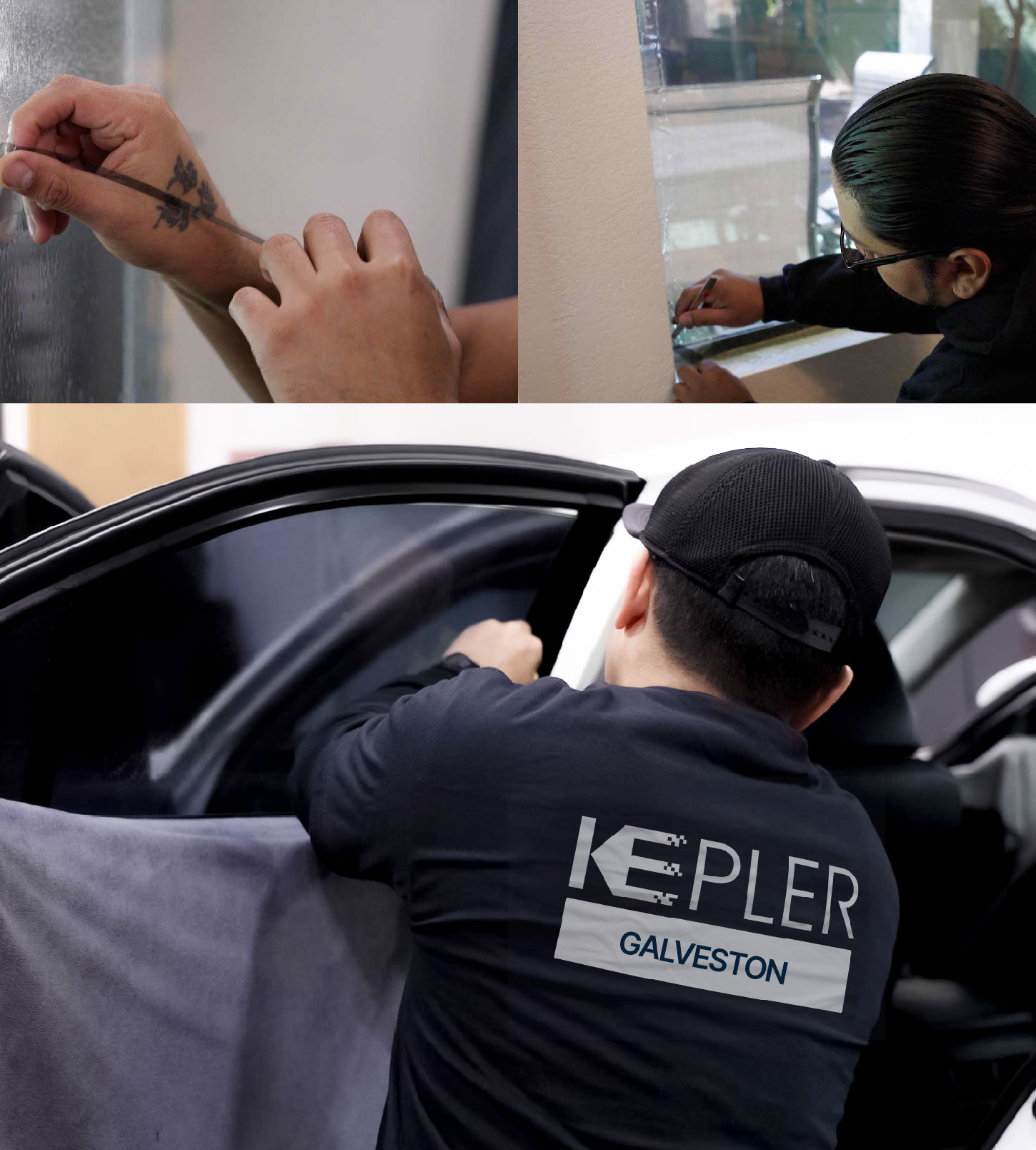 Automotive Window Tinting Expert Applying Film in Galveston, Texas