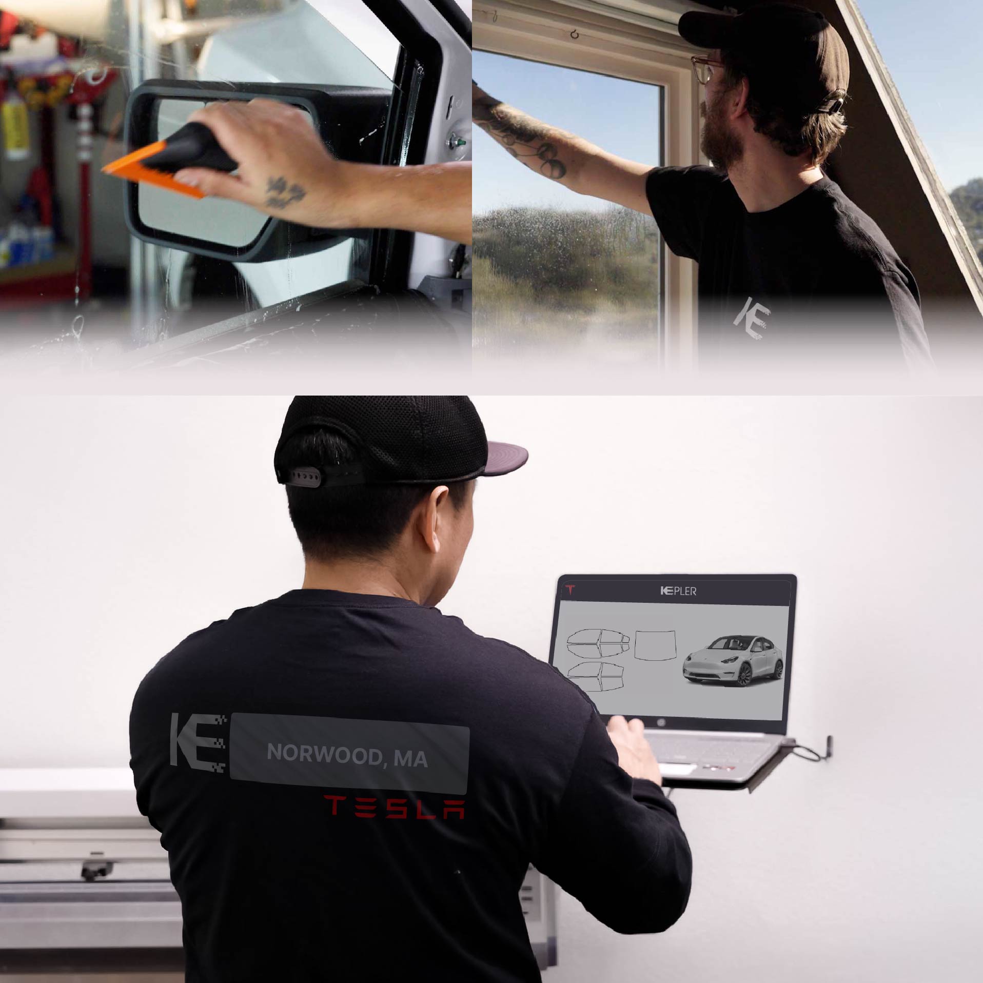 Expert Technician Fitting Ceramic Window Tint to Tesla in Norwood