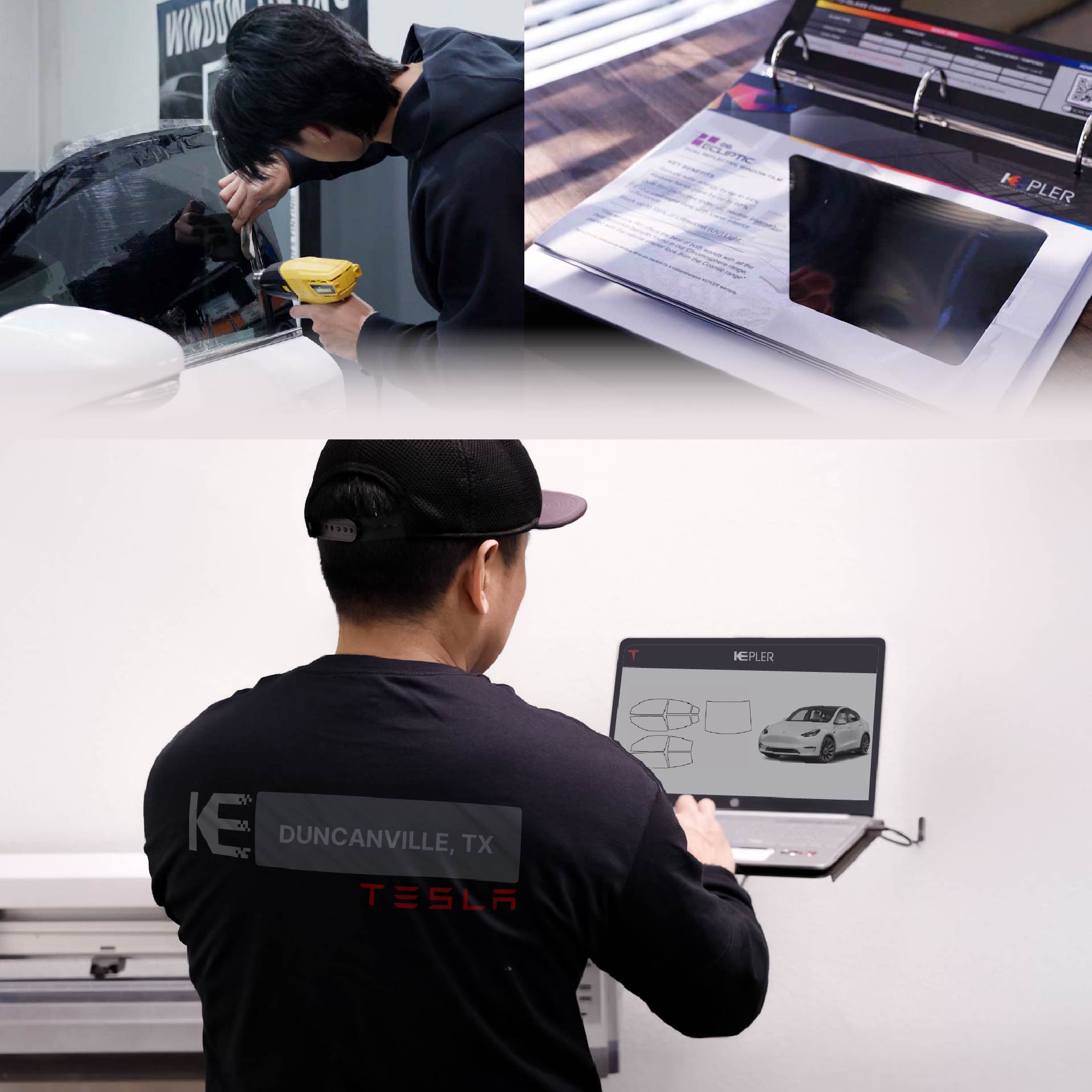 Expert Technician Applying Ceramic Window Tint to Tesla in Duncanville