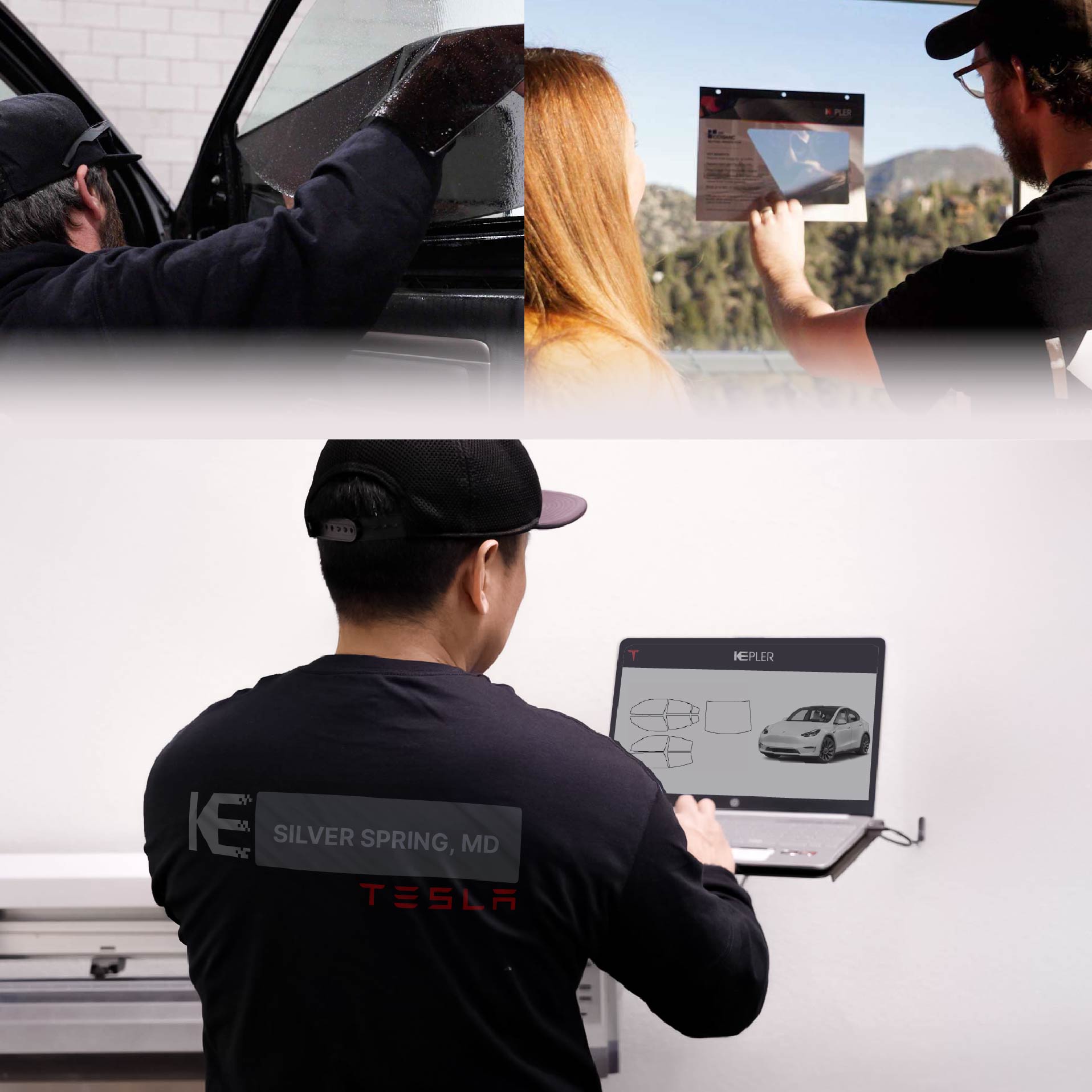 Expert Technician Applying High-tech Window Tint to Tesla in Silver Spring