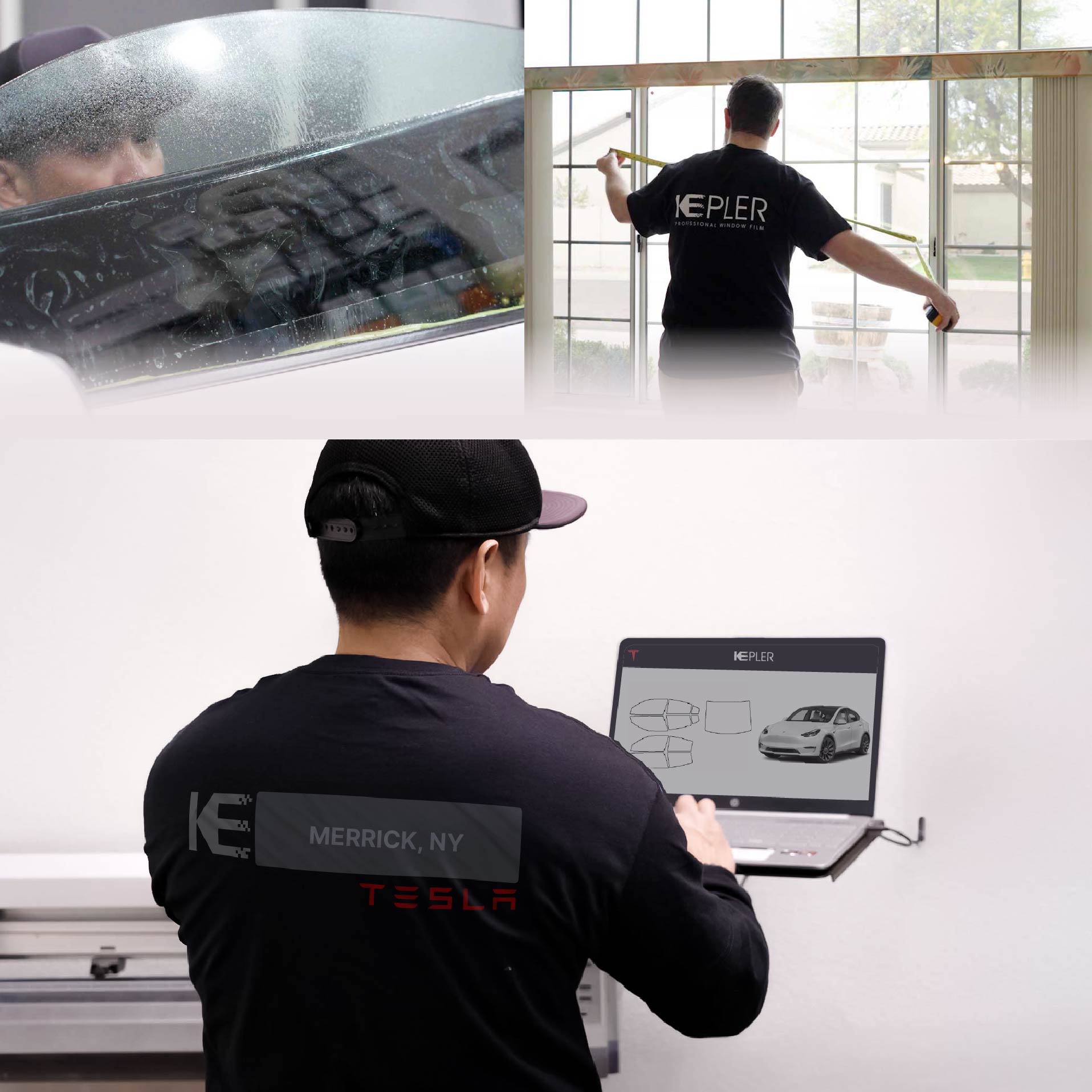 Expert Technician Applying Ceramic Window Tint to Tesla in Merrick