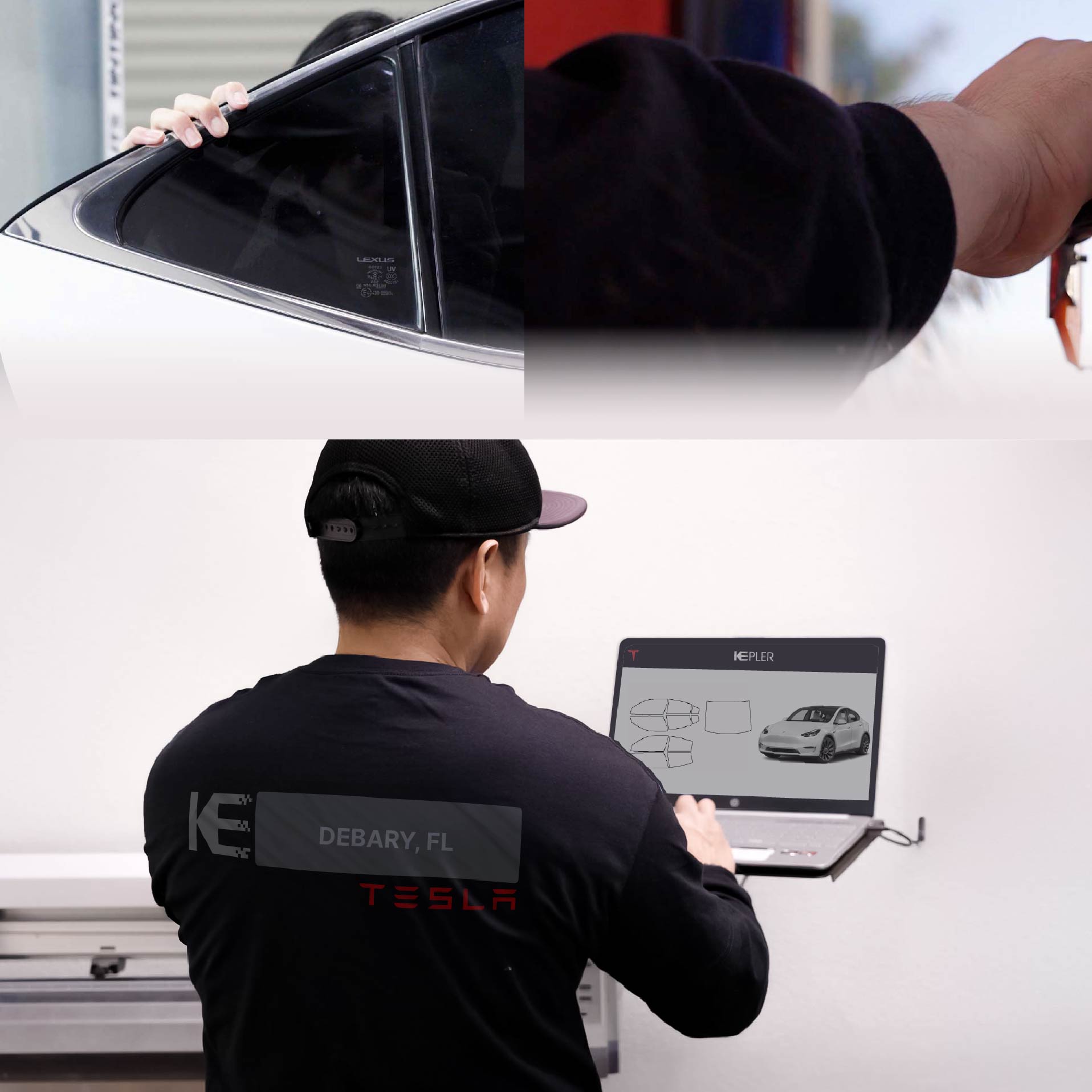 Expert Technician Installing Advanced Window Tint to Tesla in DeBary
