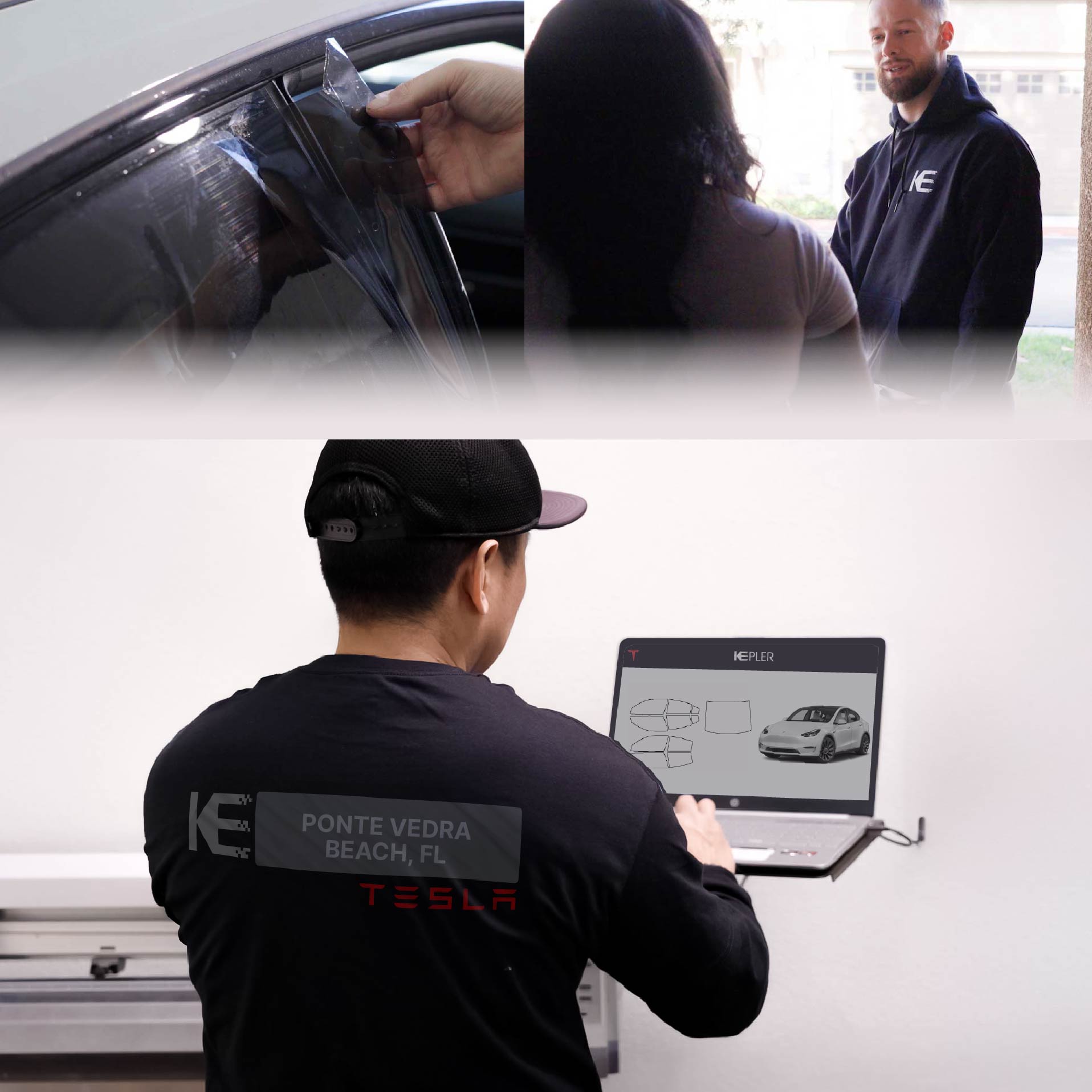 Expert Technician Applying Ceramic Window Tint to Tesla in Ponte Vedra Beach