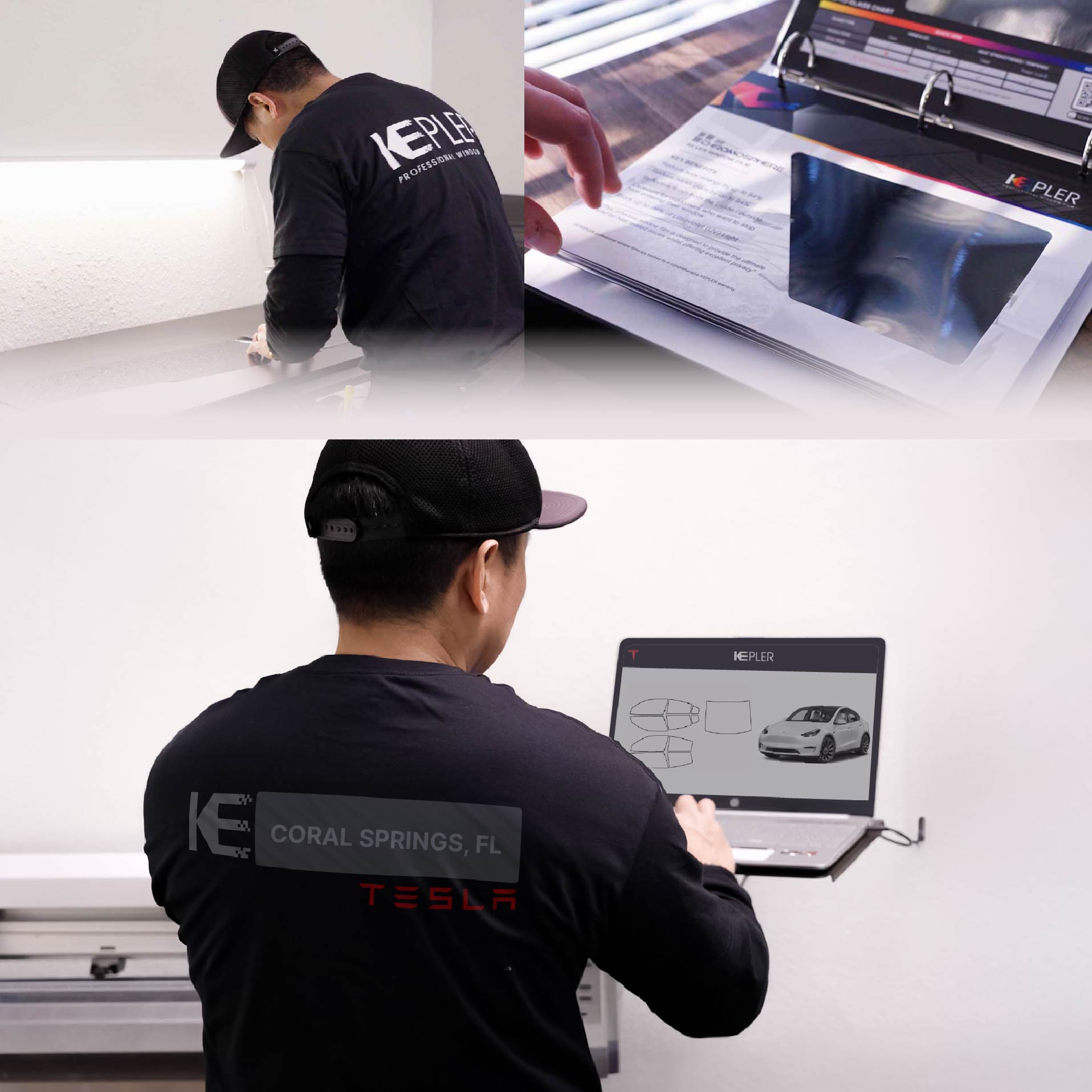Kepler Technician Installing Ceramic Window Tint to Tesla in Coral Springs