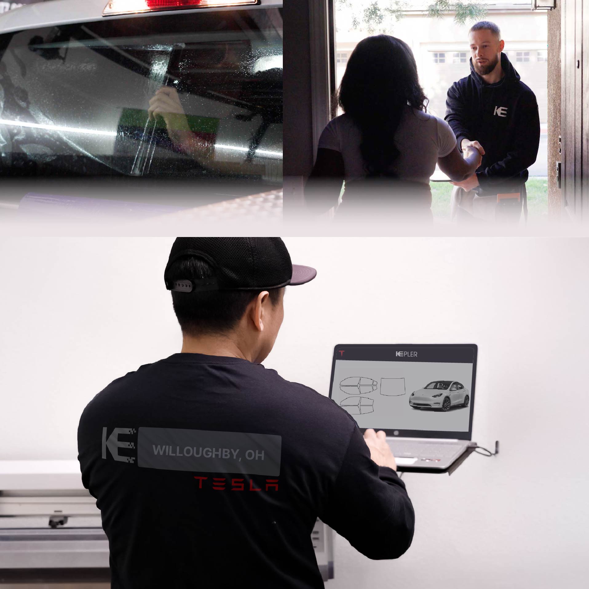 Expert Technician Applying Advanced Window Tint to Tesla in Willoughby