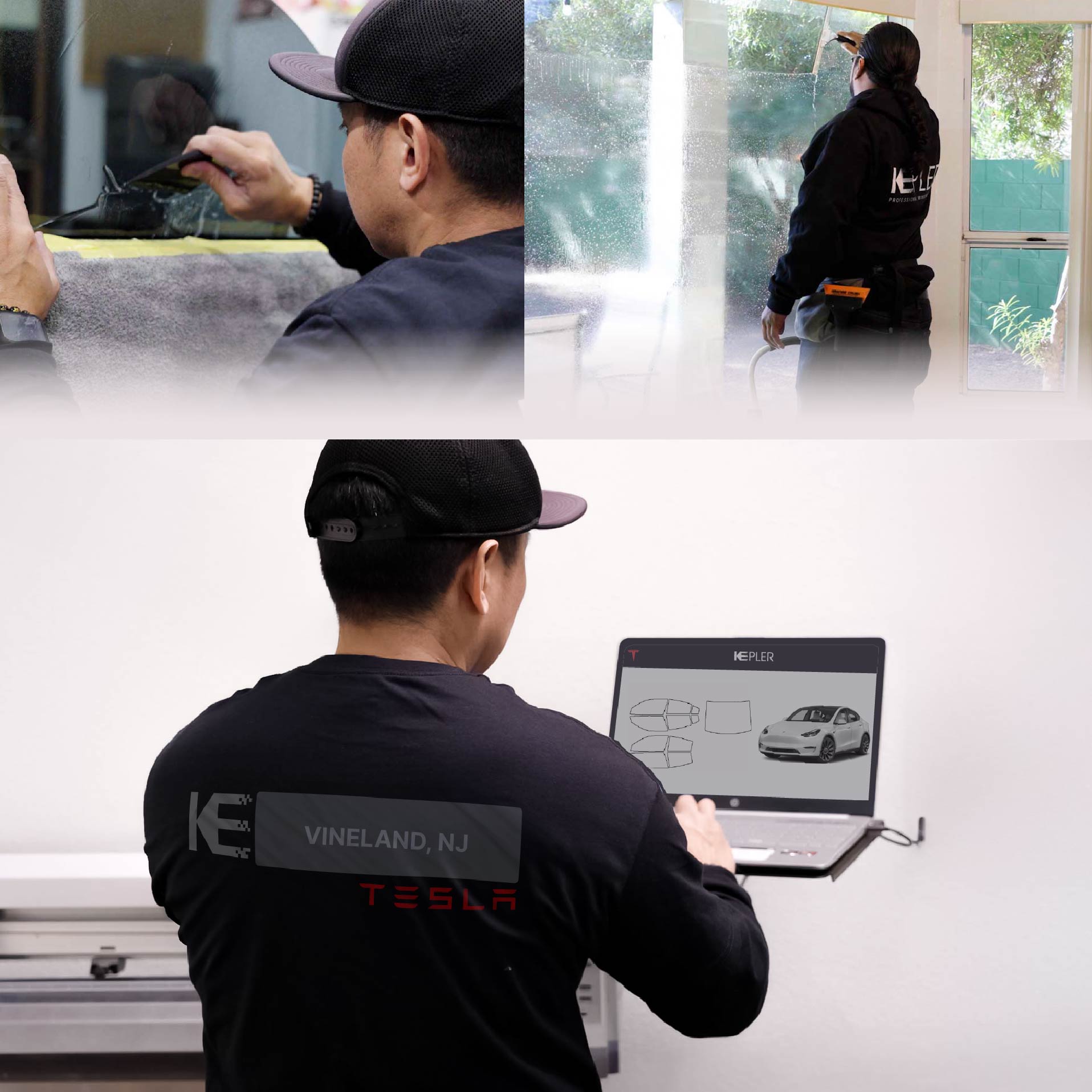Expert Technician Applying Ceramic Window Tint to Tesla in Vineland