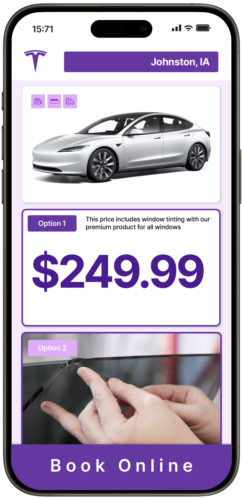 View Competitive Tesla Window Tinting Prices in Johnston, Iowa