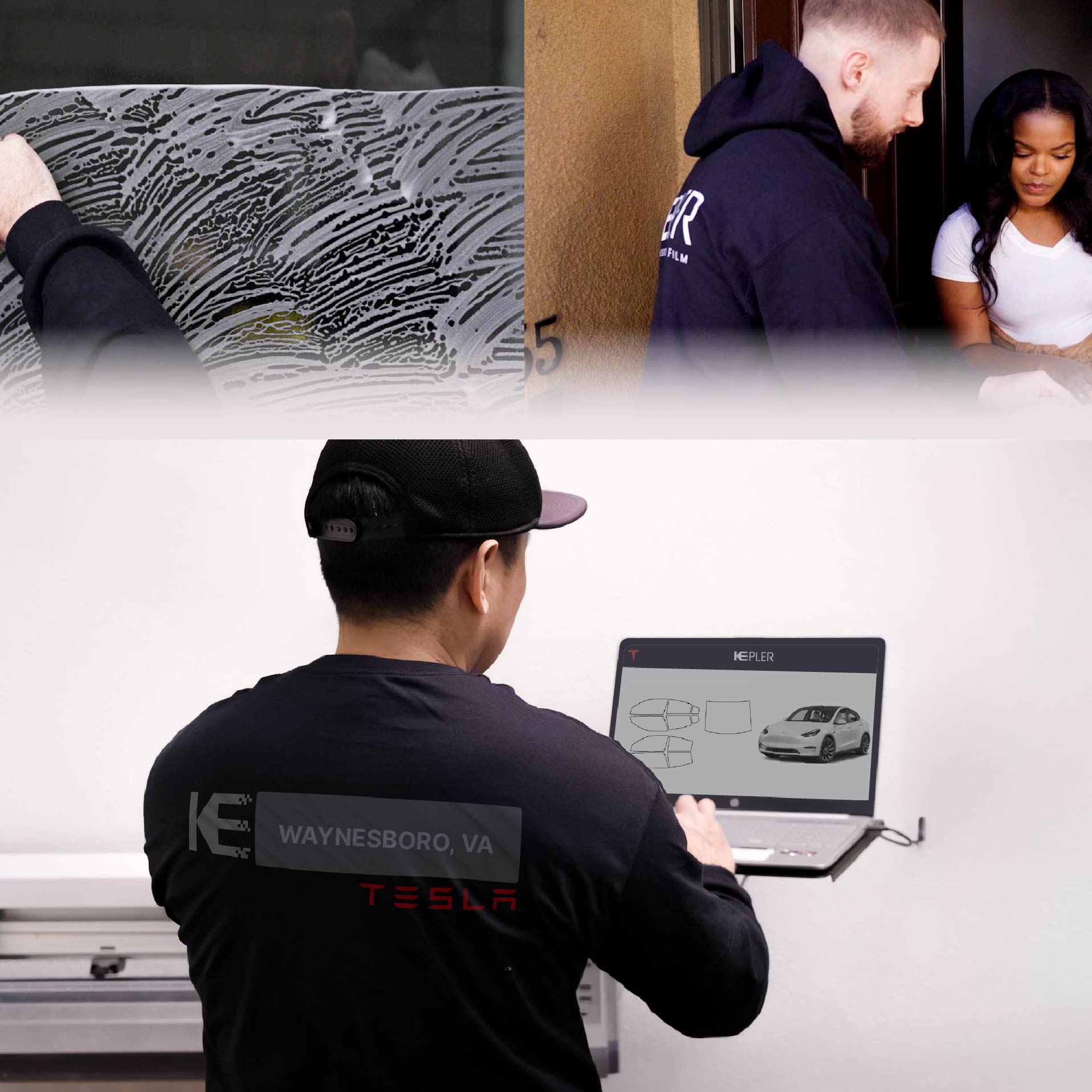 Expert Technician Applying Ceramic Window Tint to Tesla in Waynesboro
