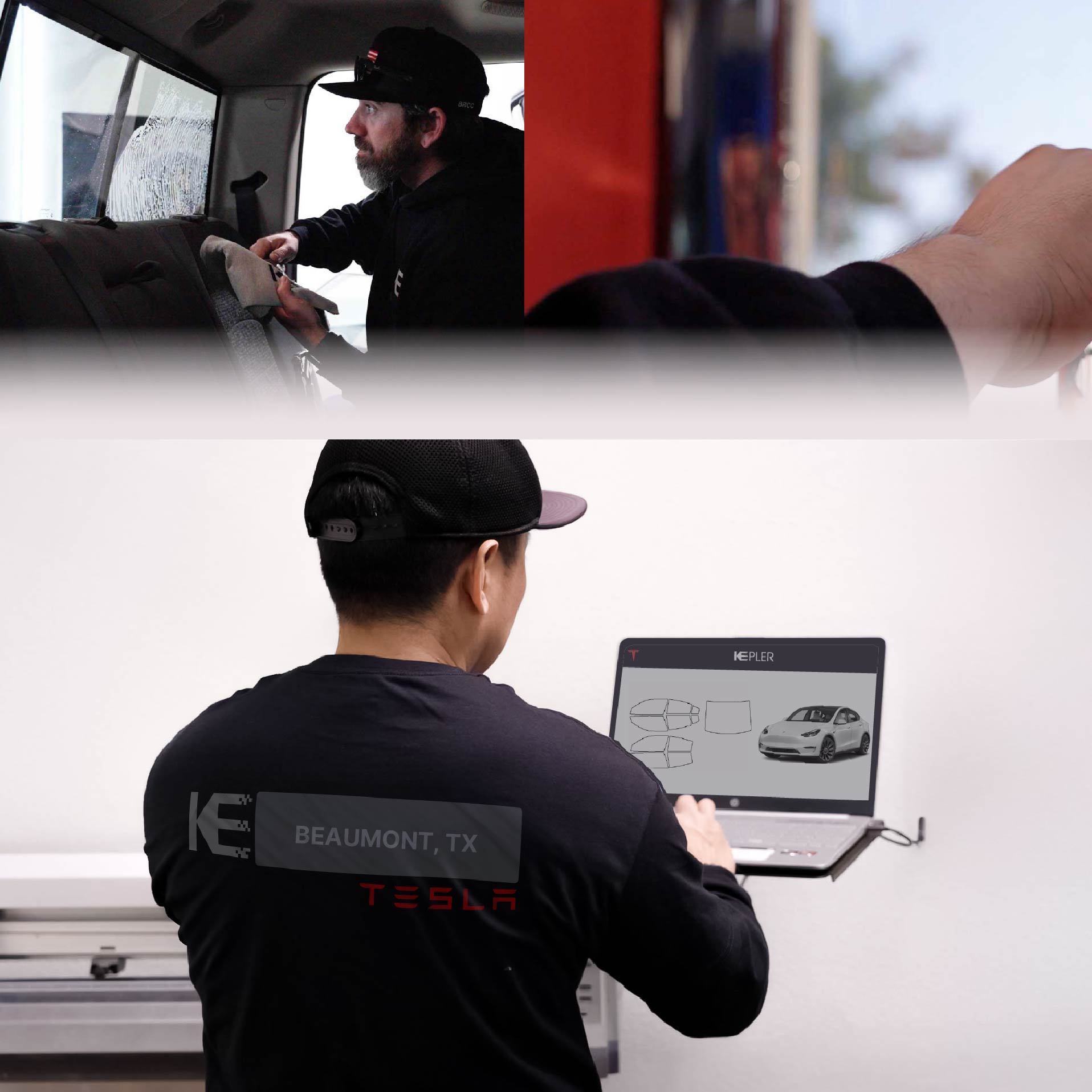 Kepler Technician Fitting Advanced Window Tint to Tesla in Beaumont