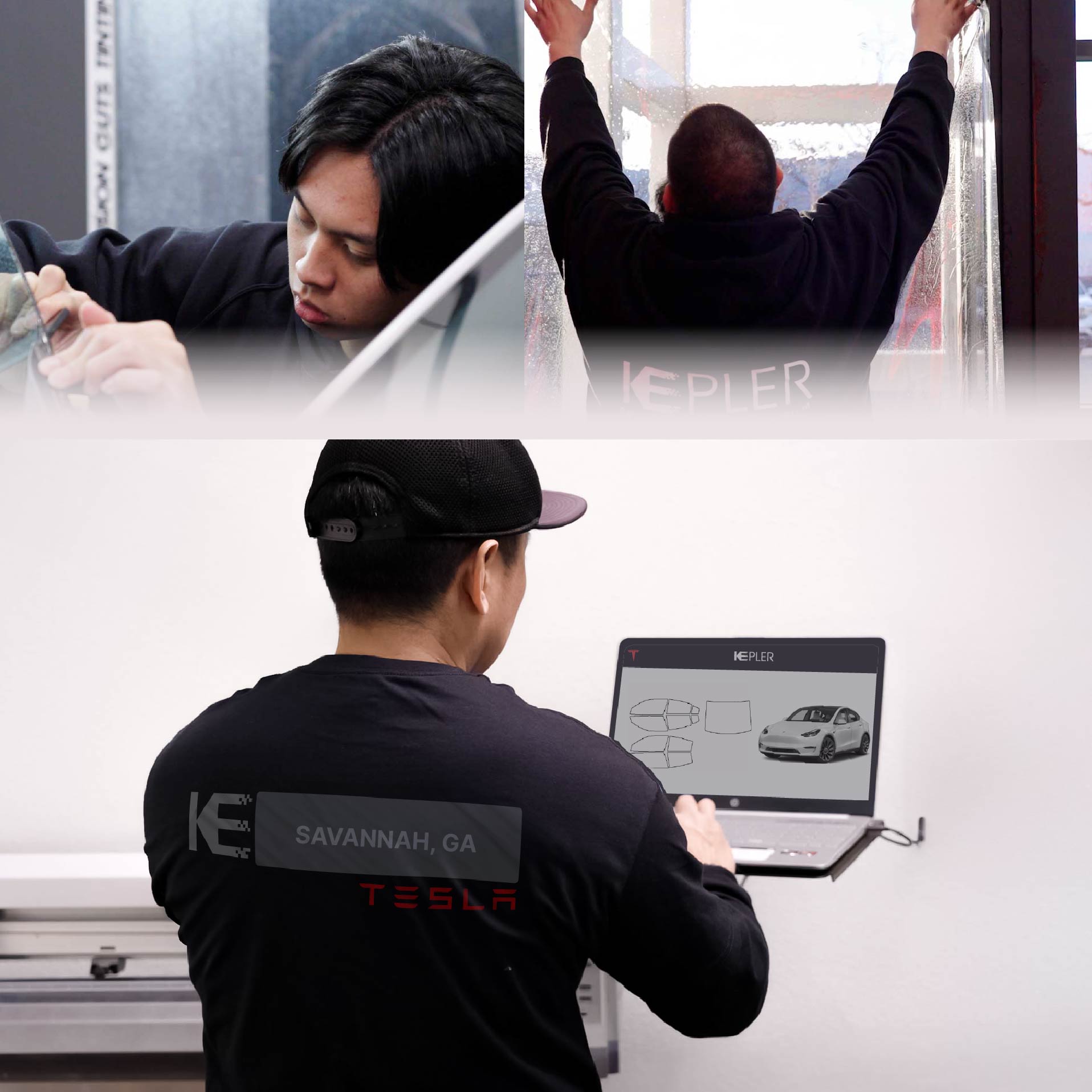 Kepler Technician Installing Advanced Window Tint to Tesla in Savannah