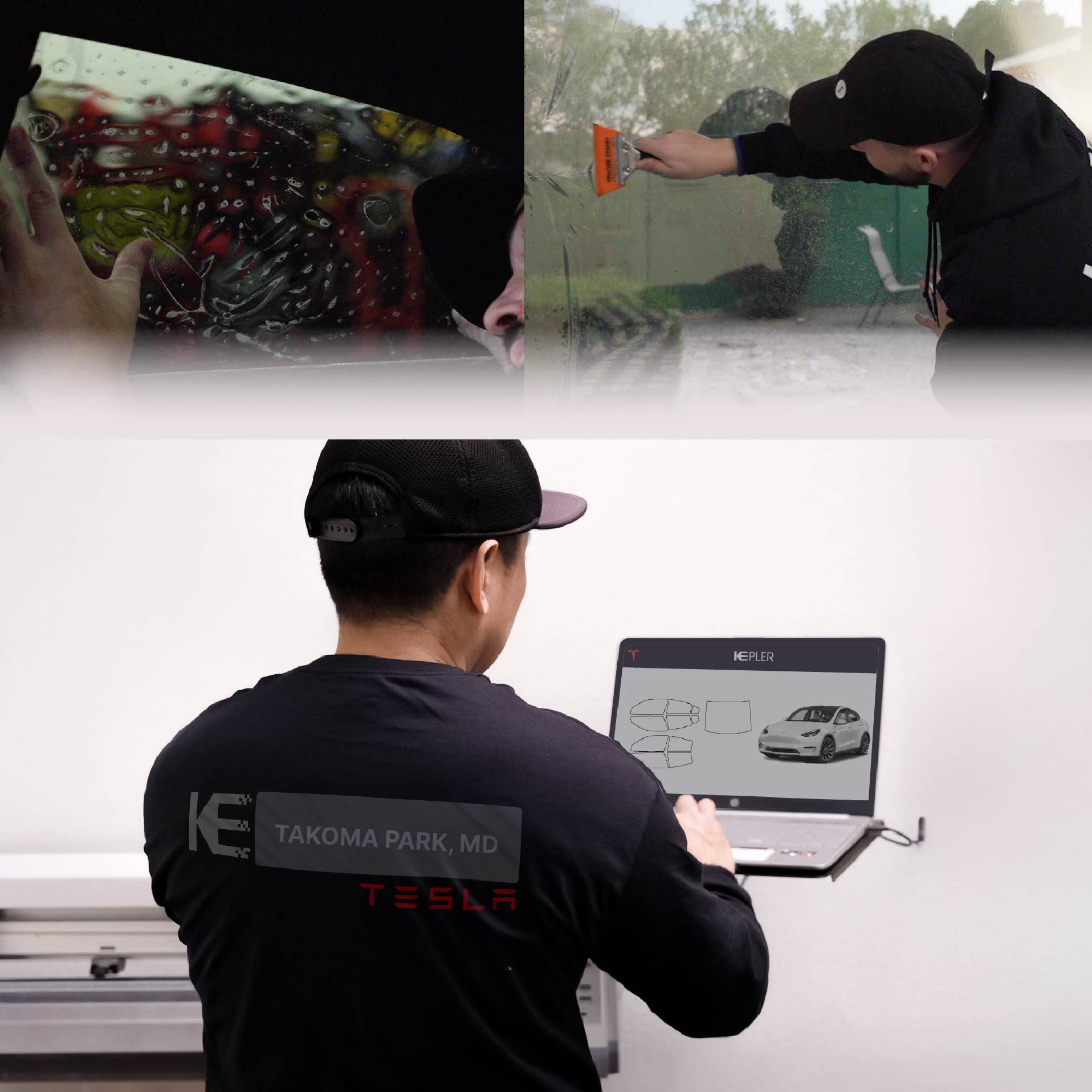 Expert Technician Applying High-tech Window Tint to Tesla in Takoma Park