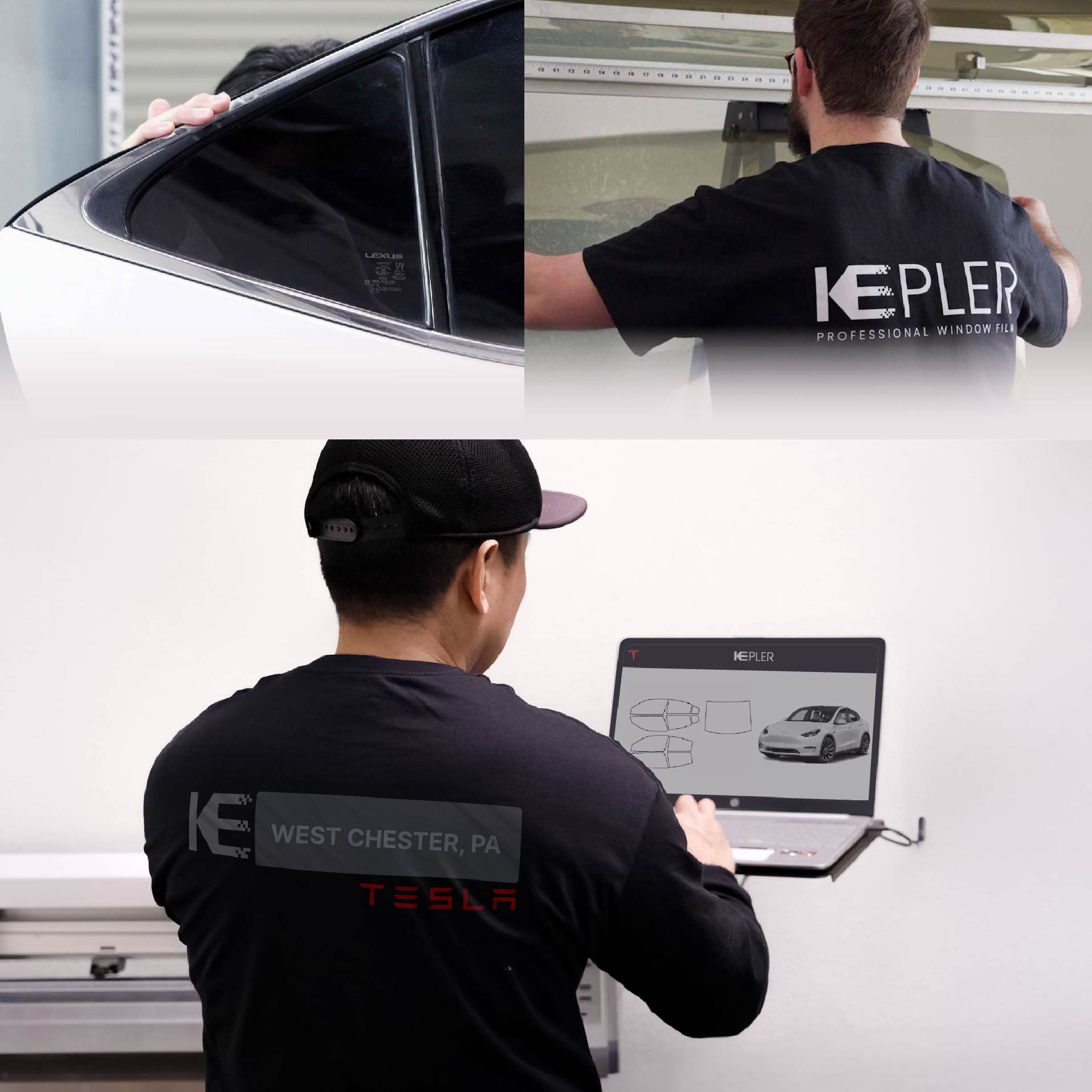 Expert Technician Applying Advanced Window Tint to Tesla in West Chester