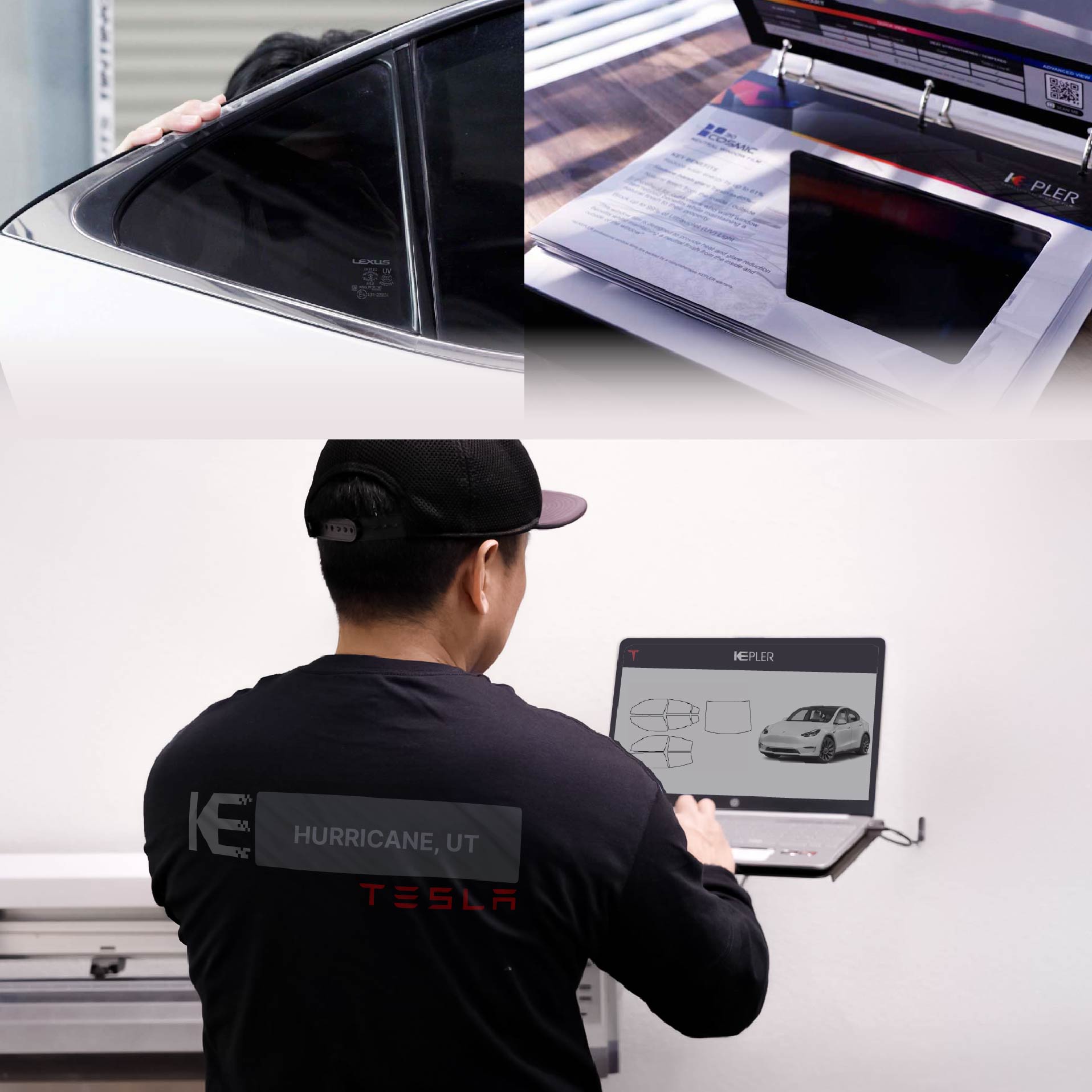 Kepler Technician Fitting Ceramic Window Tint to Tesla in Hurricane