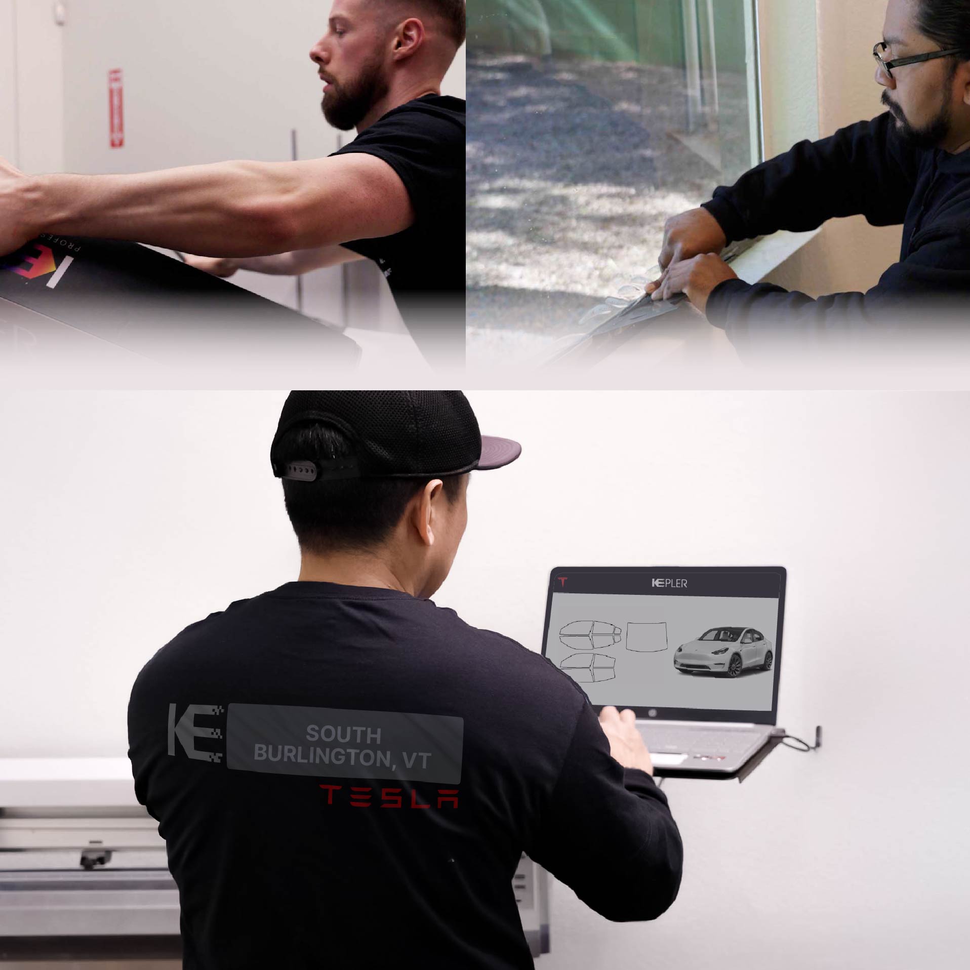 Expert Technician Applying Ceramic Window Tint to Tesla in South Burlington