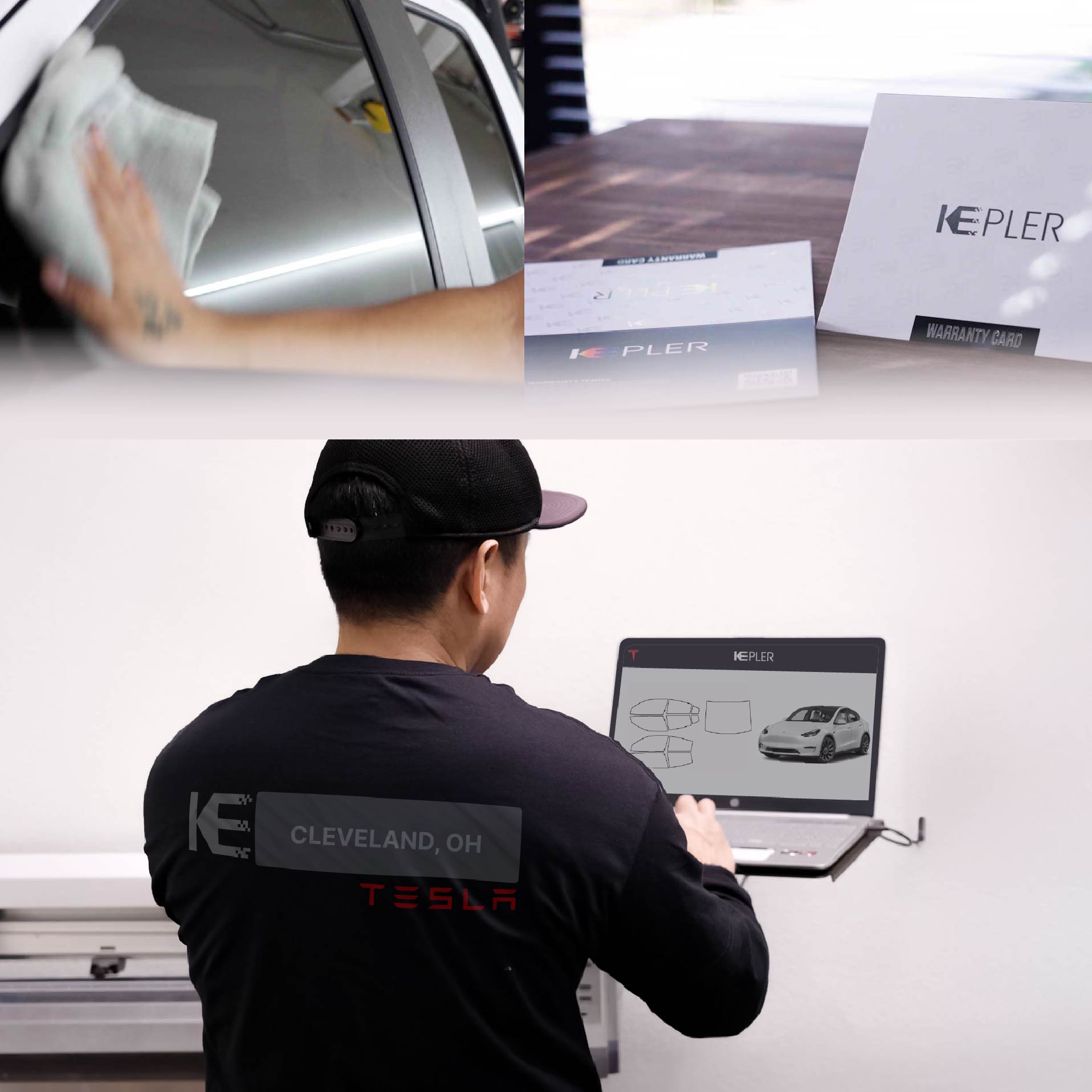 Kepler Technician Installing Ceramic Window Tint to Tesla in Cleveland