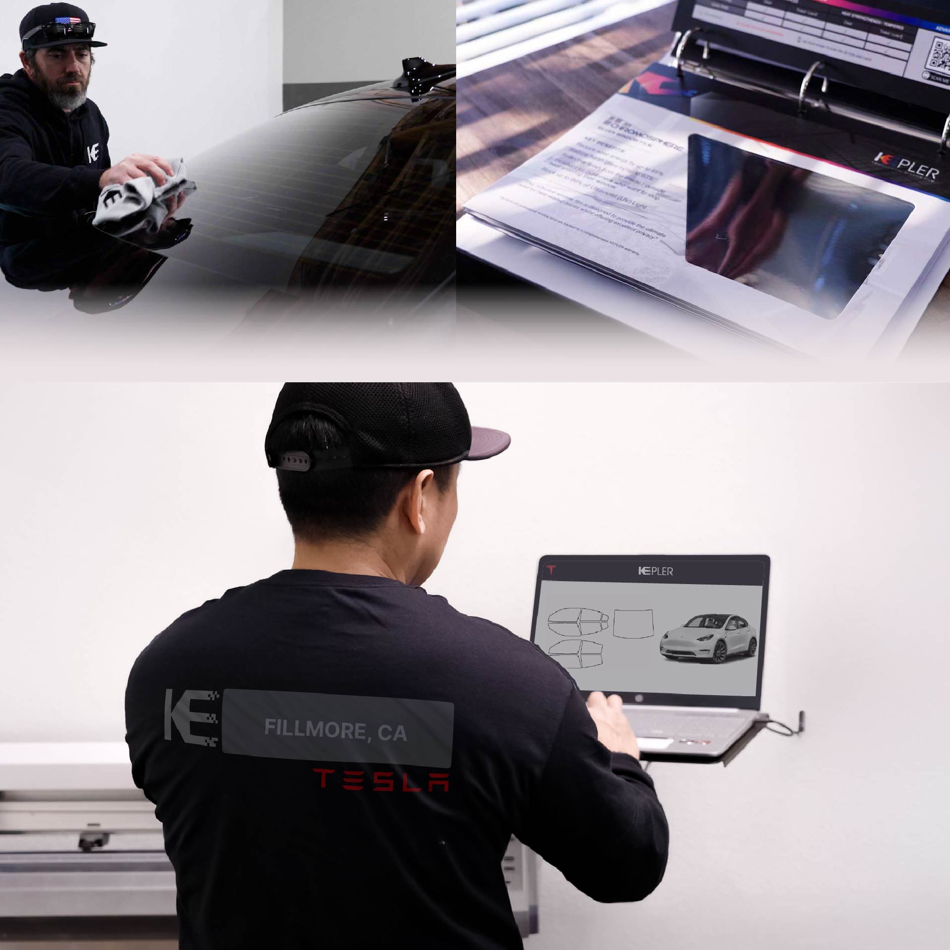 Expert Technician Fitting Advanced Window Tint to Tesla in Fillmore