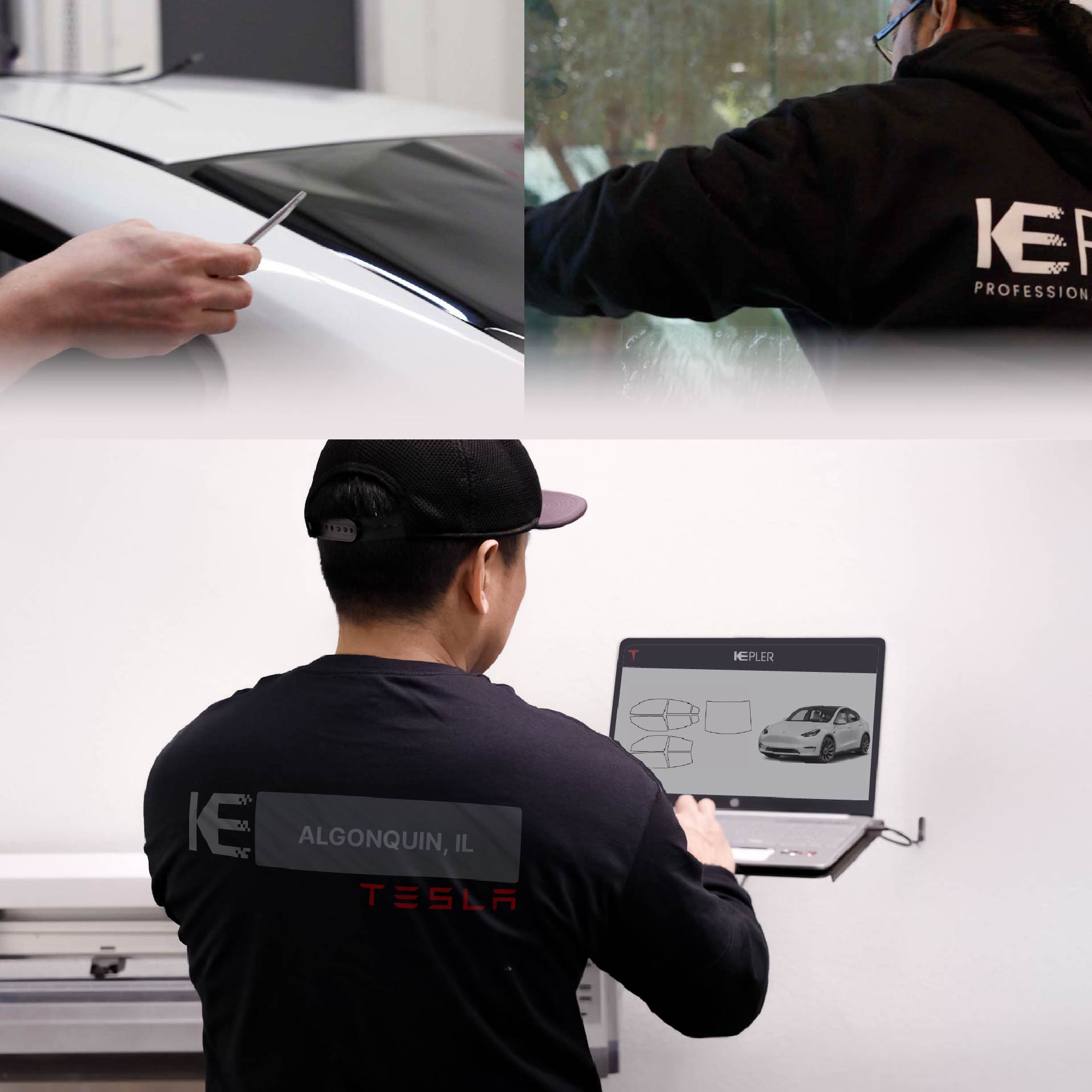 Expert Technician Installing High-tech Window Tint to Tesla in Algonquin
