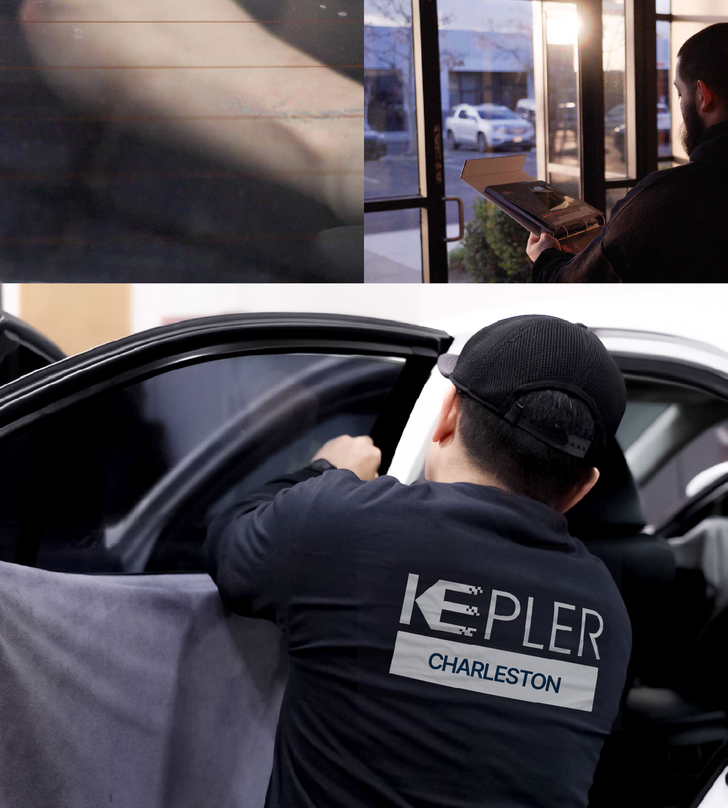 Automotive Window Tinting Expert Applying Film in Charleston, South Carolina