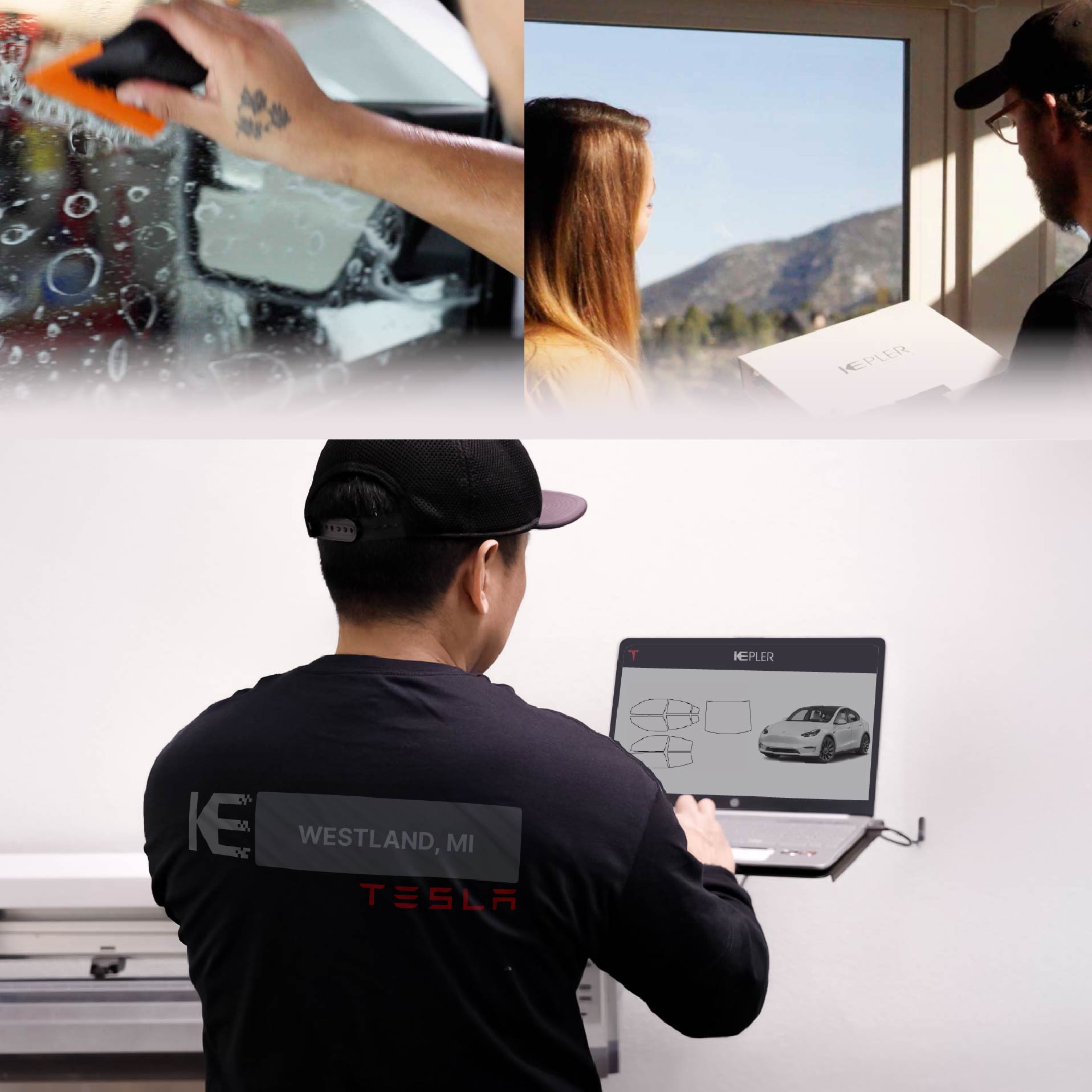 Expert Technician Installing Ceramic Window Tint to Tesla in Westland