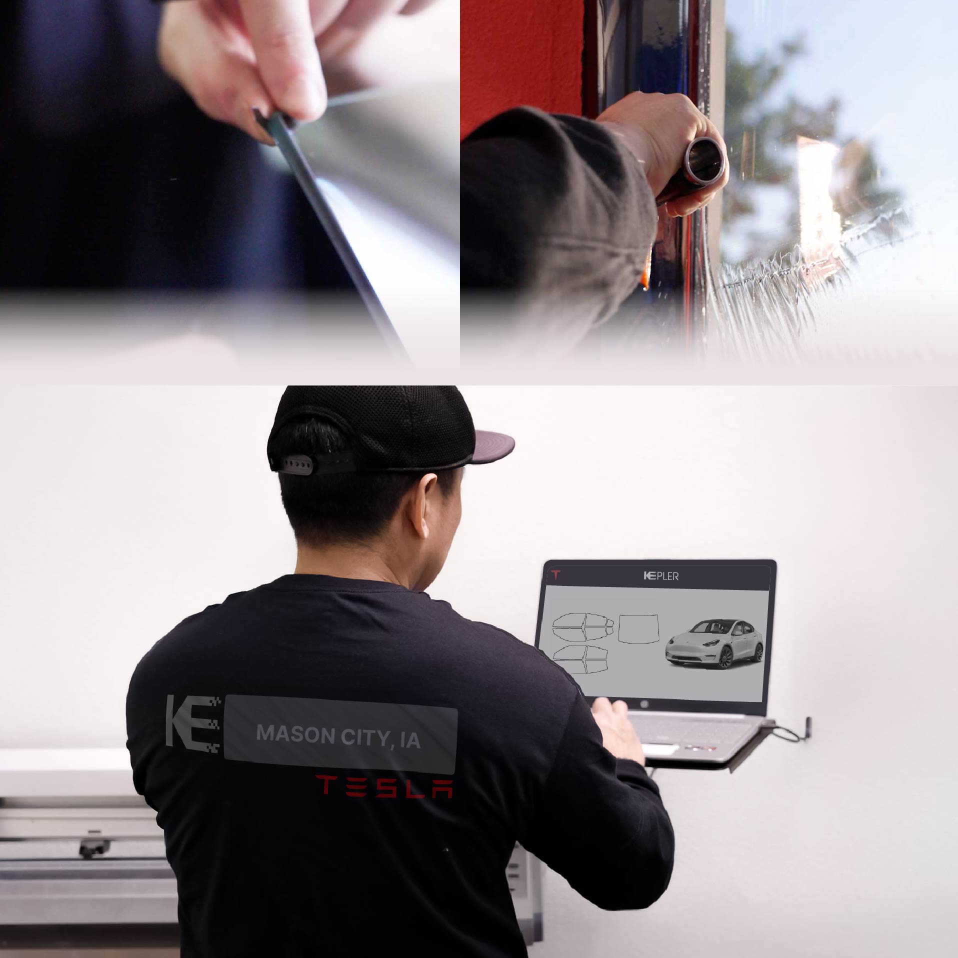 Kepler Technician Fitting Ceramic Window Tint to Tesla in Mason City