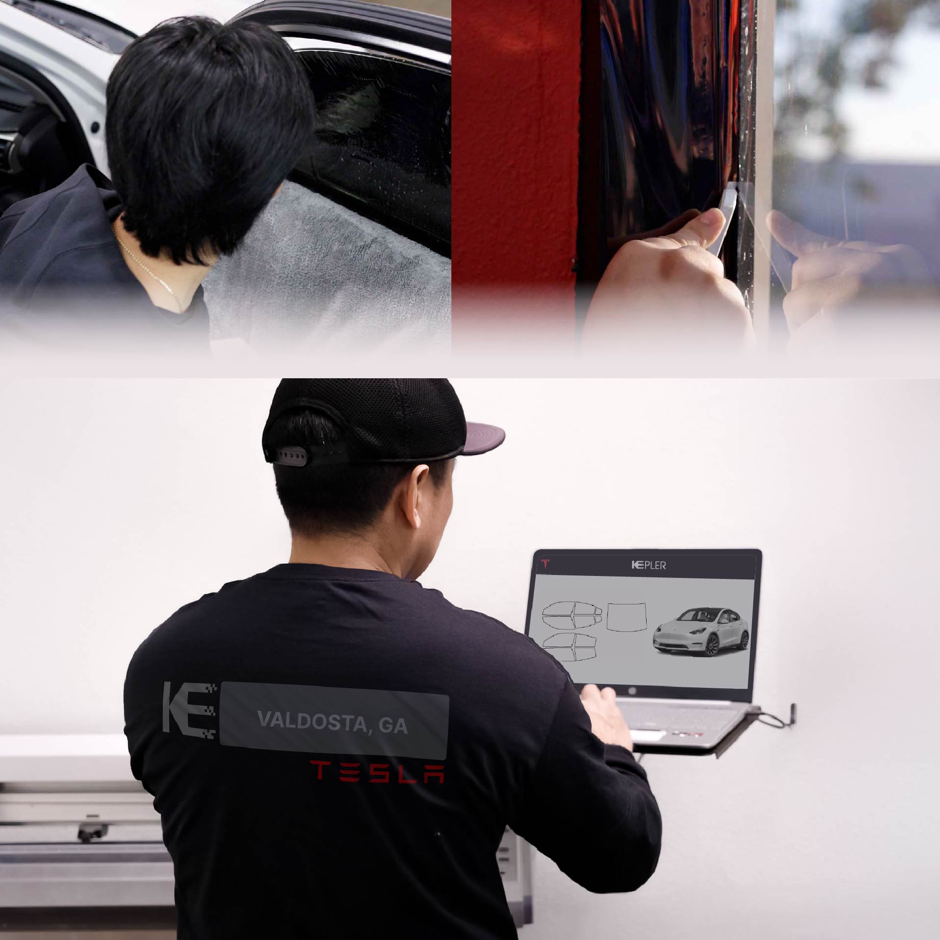Expert Technician Fitting Ceramic Window Tint to Tesla in Valdosta