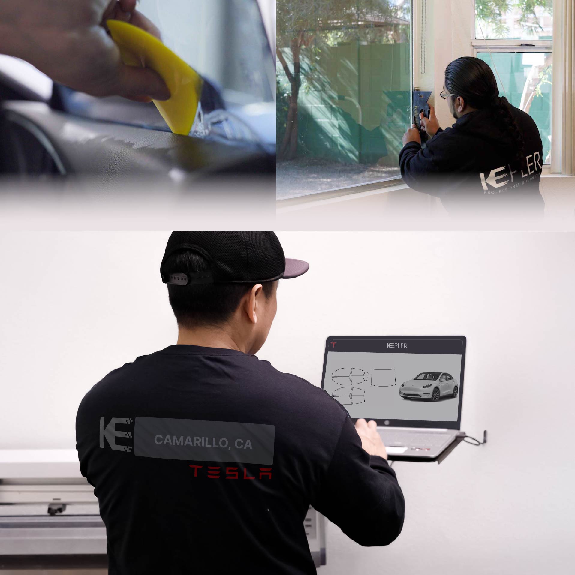 Kepler Technician Installing High-tech Window Tint to Tesla in Camarillo