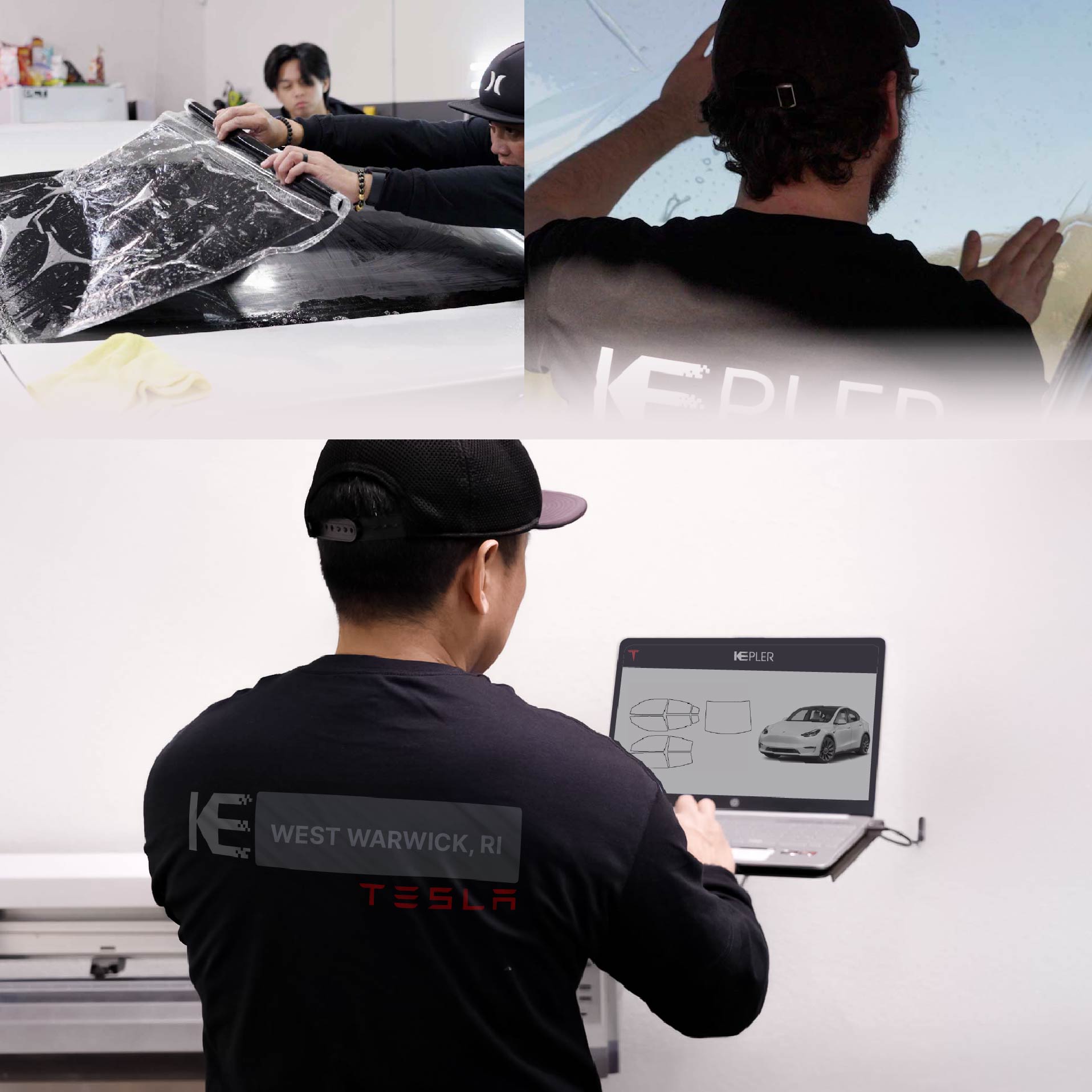 Expert Technician Applying Ceramic Window Tint to Tesla in West Warwick