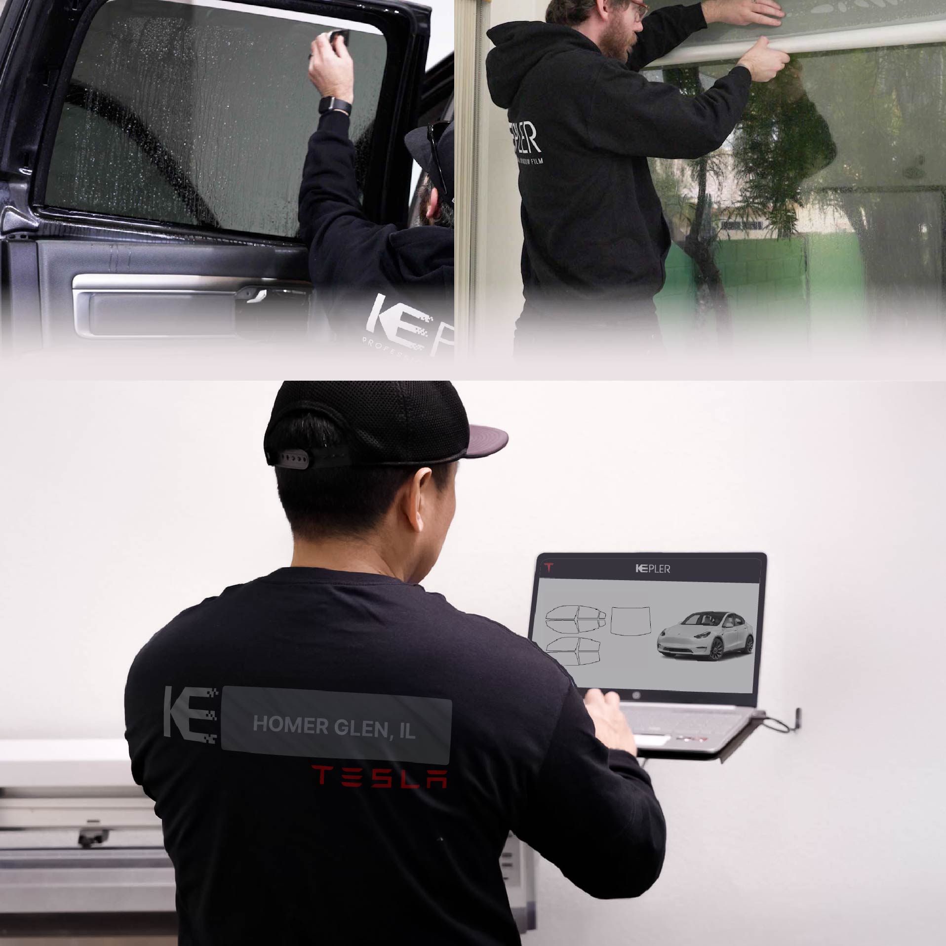 Expert Technician Applying Ceramic Window Tint to Tesla in Homer Glen