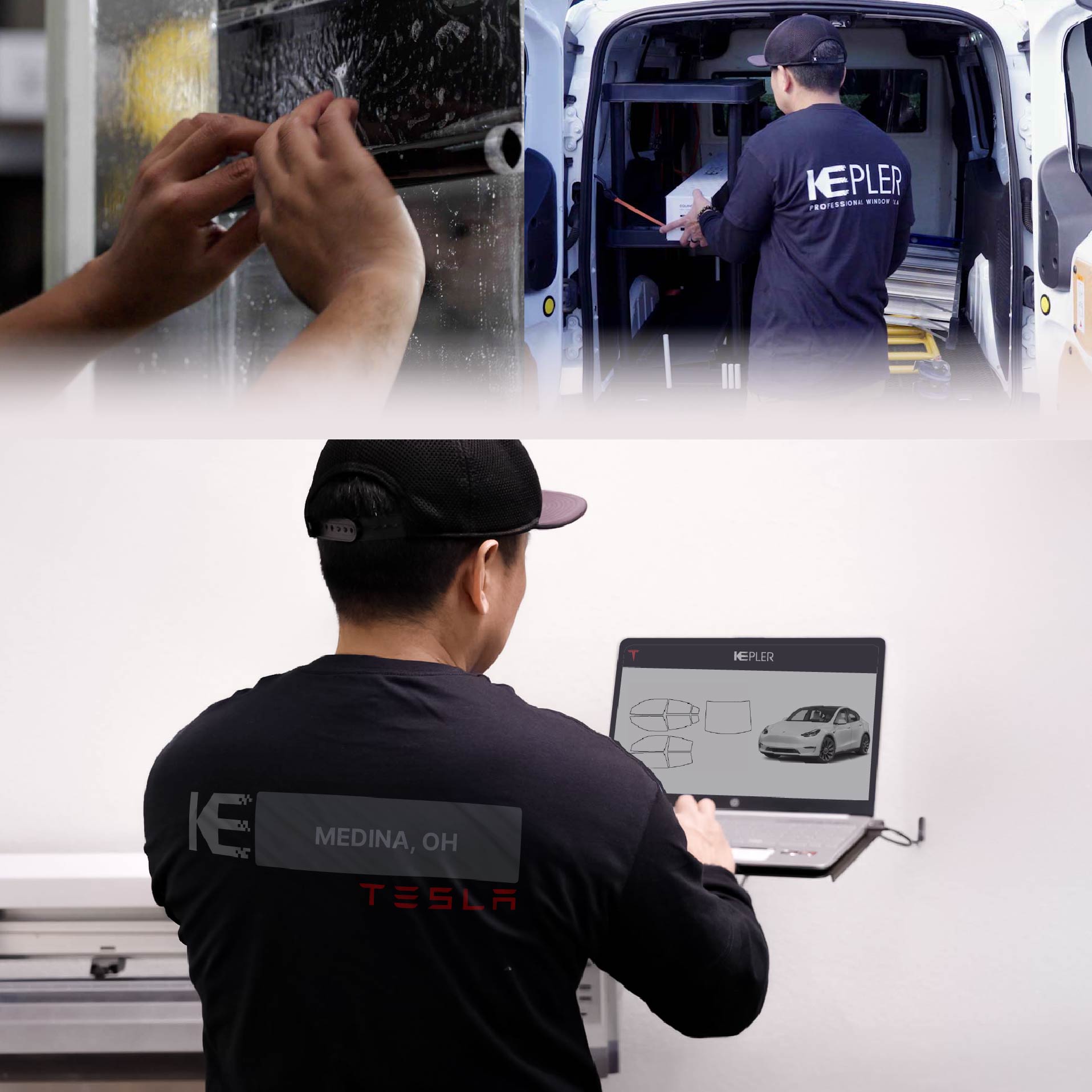 Kepler Technician Applying Advanced Window Tint to Tesla in Medina