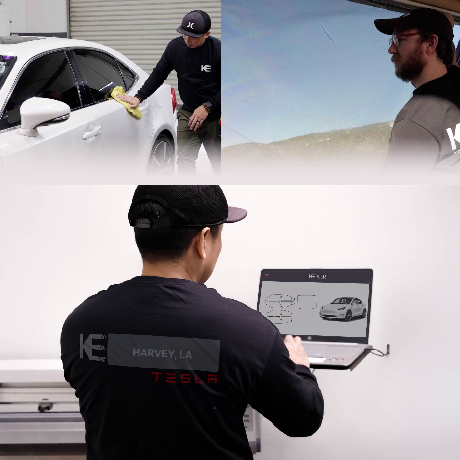 Expert Technician Applying High-tech Window Tint to Tesla in Harvey