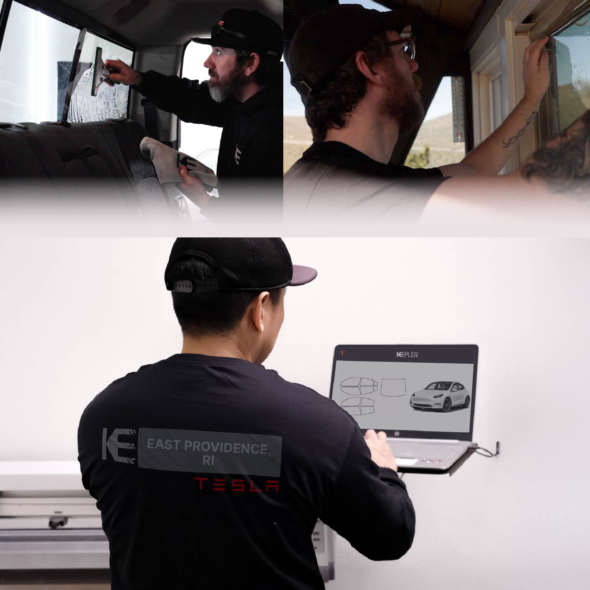 Expert Technician Installing Ceramic Window Tint to Tesla in East Providence