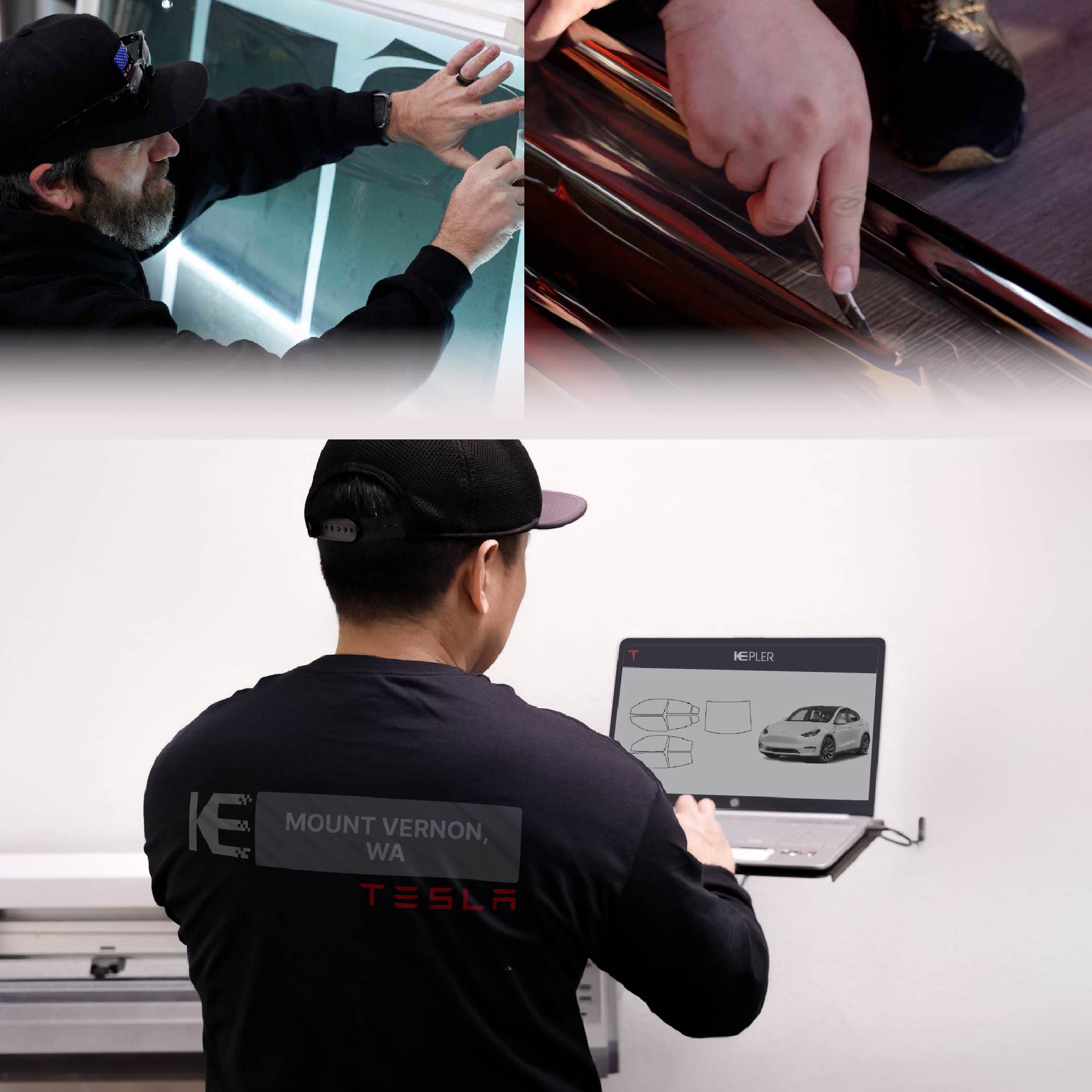 Expert Technician Fitting Advanced Window Tint to Tesla in Mount Vernon