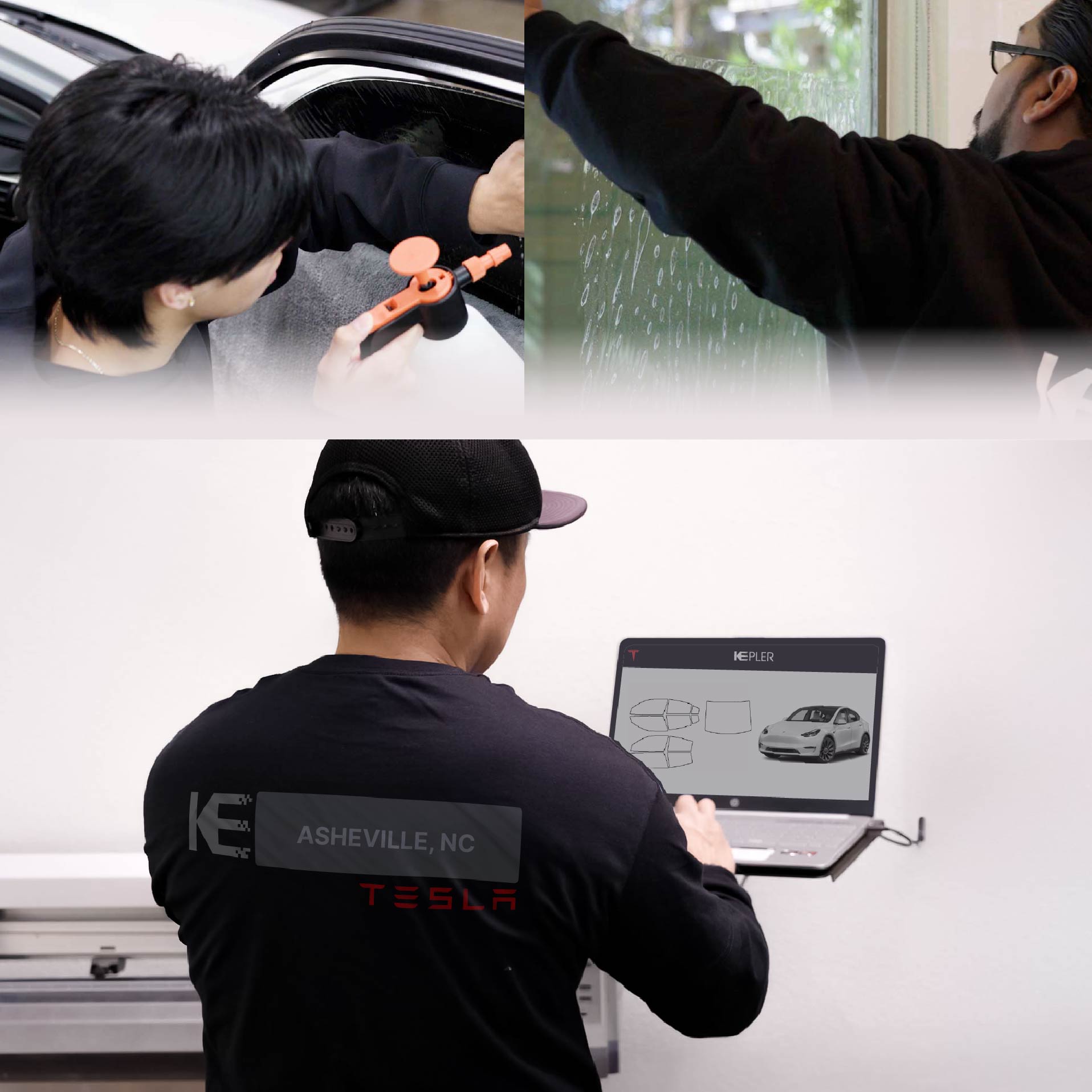 Kepler Technician Installing High-tech Window Tint to Tesla in Asheville